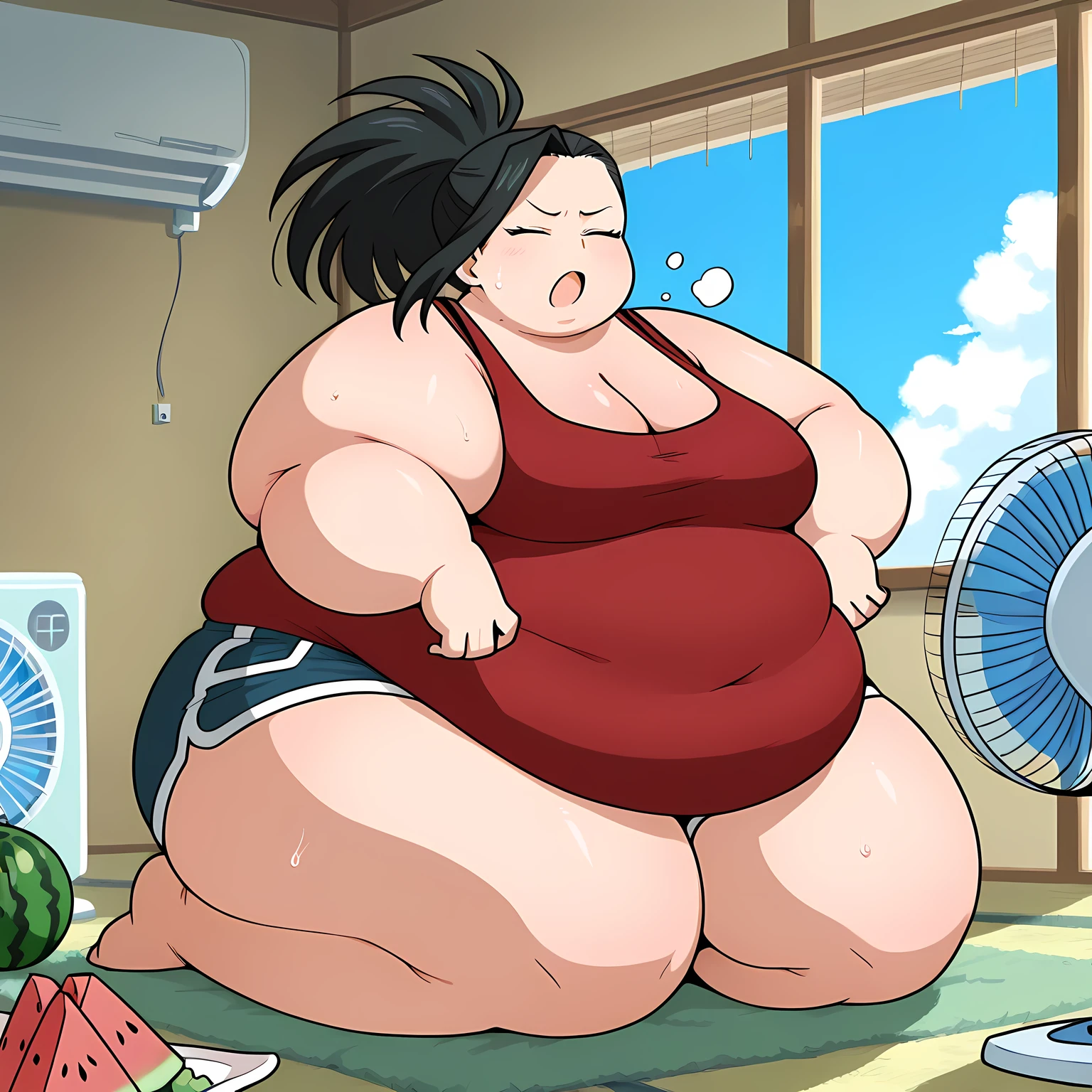masterpiece, best quality, amazing quality,, 1 girl, yaoyorozu momo, black hair, bangs, black hair, blunt bangs, ponytail, mature female, breasts , anime screencap, cooling down in front of electric fan, open mouth, cleavage, sitting, closed eyes, food, shorts, barefoot, indoors, short shorts, window, kneeling, fruit, tank top, wind, watermelon, dolphin shorts, electric fan, air conditioner,, , ,fat, chubby, obese, gigantic arms and legs, large breasts open mouth, Out of breath
