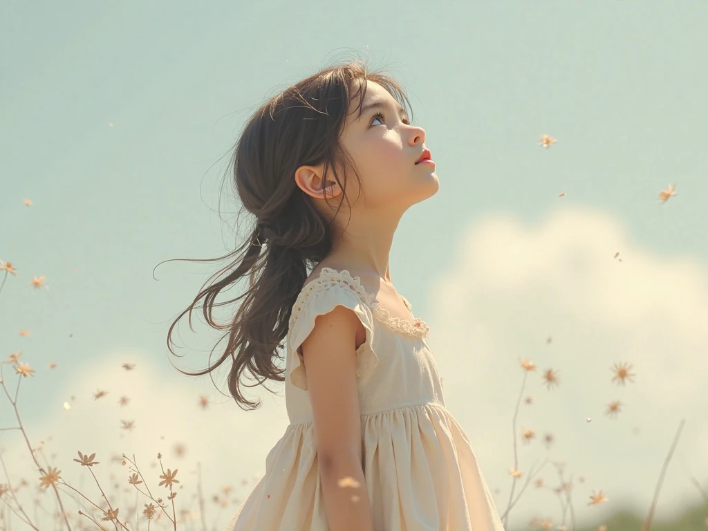A 5-year-old girl sitting in the distance looking at the shining sky in which there is an angel