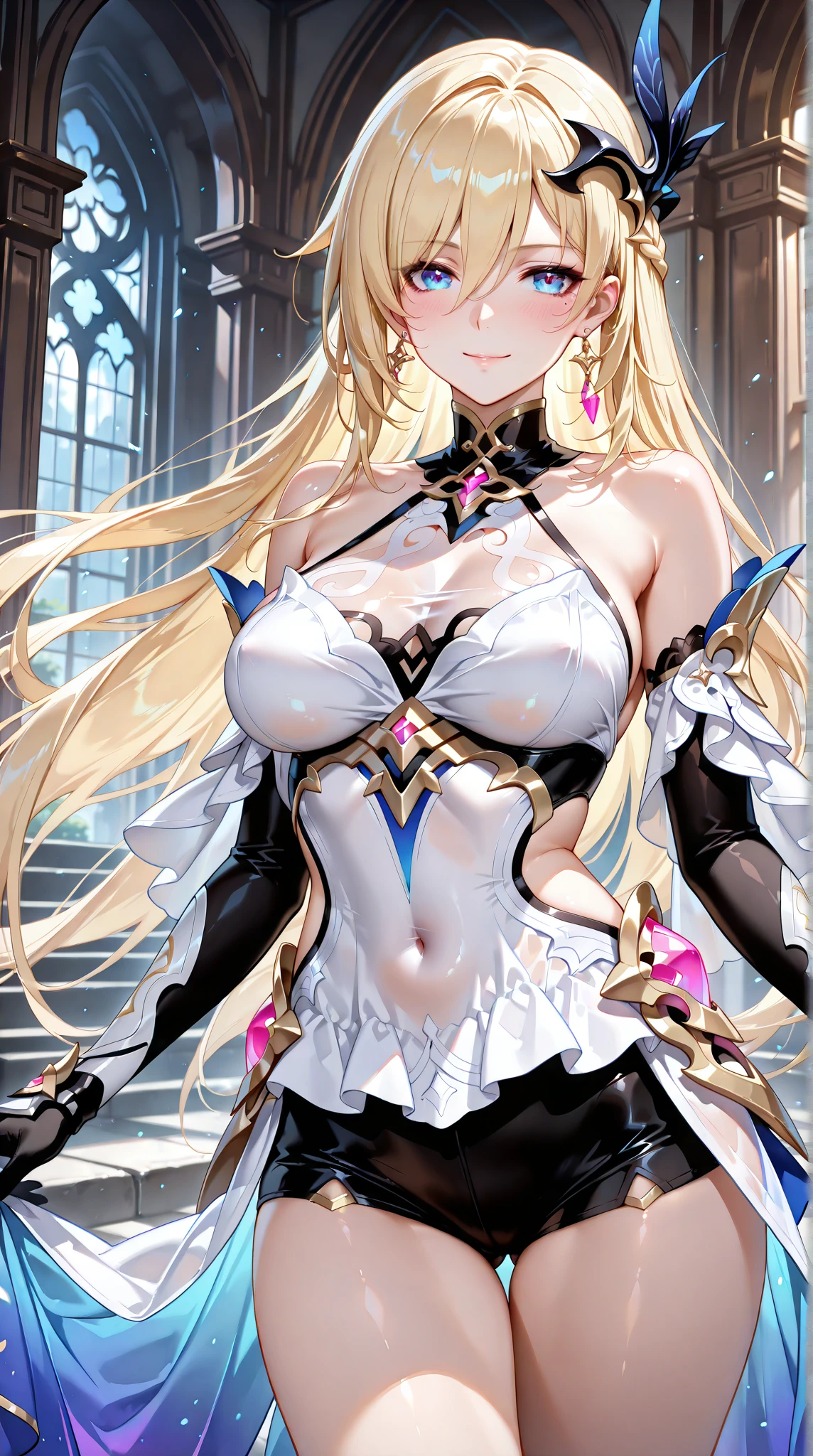 masterpiece, best quality, solo, 1girl, blonde-hair, wings, thighhighs, (very-long-hair), smile, wide-sleeves, navel, hair-ornament, blush, looking-at-viewer, detached-sleeves, open-mouth, frills, outstretched-arms, black-thighhighs, dress, oragen-eyes, half-closed-eyes, long-sleeves, bangs, breasts, center-opening, standing, angel-wings, white-wings, garter-straps, flower, parted-lips, bare-shoulders, navel-cutout