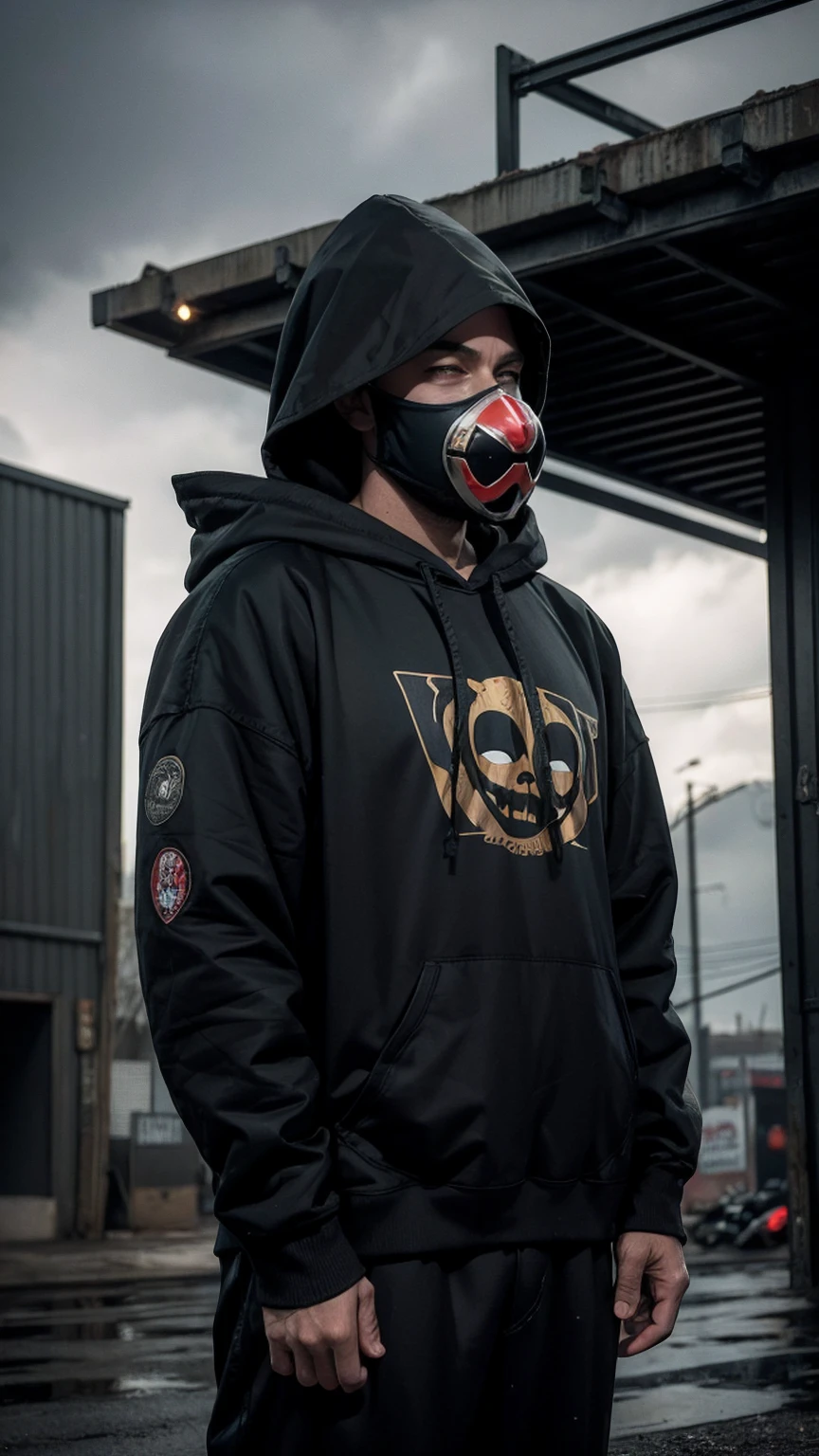 Background germany flag, Hot boy with muscles, Black skull mask, brown eyes, brown hair, Black Heimat Hoodie,