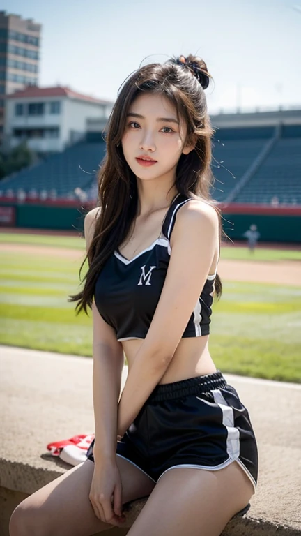 cheerleader,little smile,cheer leading,cheerleader uniform, (((masterpiece))), (((best quality))), ((ultra-detailed)), (illustration), ((an extremely delicate and beautiful)),(bokeh,blurry background),(best shadow), 1girl,white panties, black hair, long hair, kawaii,cute,, shine Highlight Spot on eyes, character focus,head tilt,