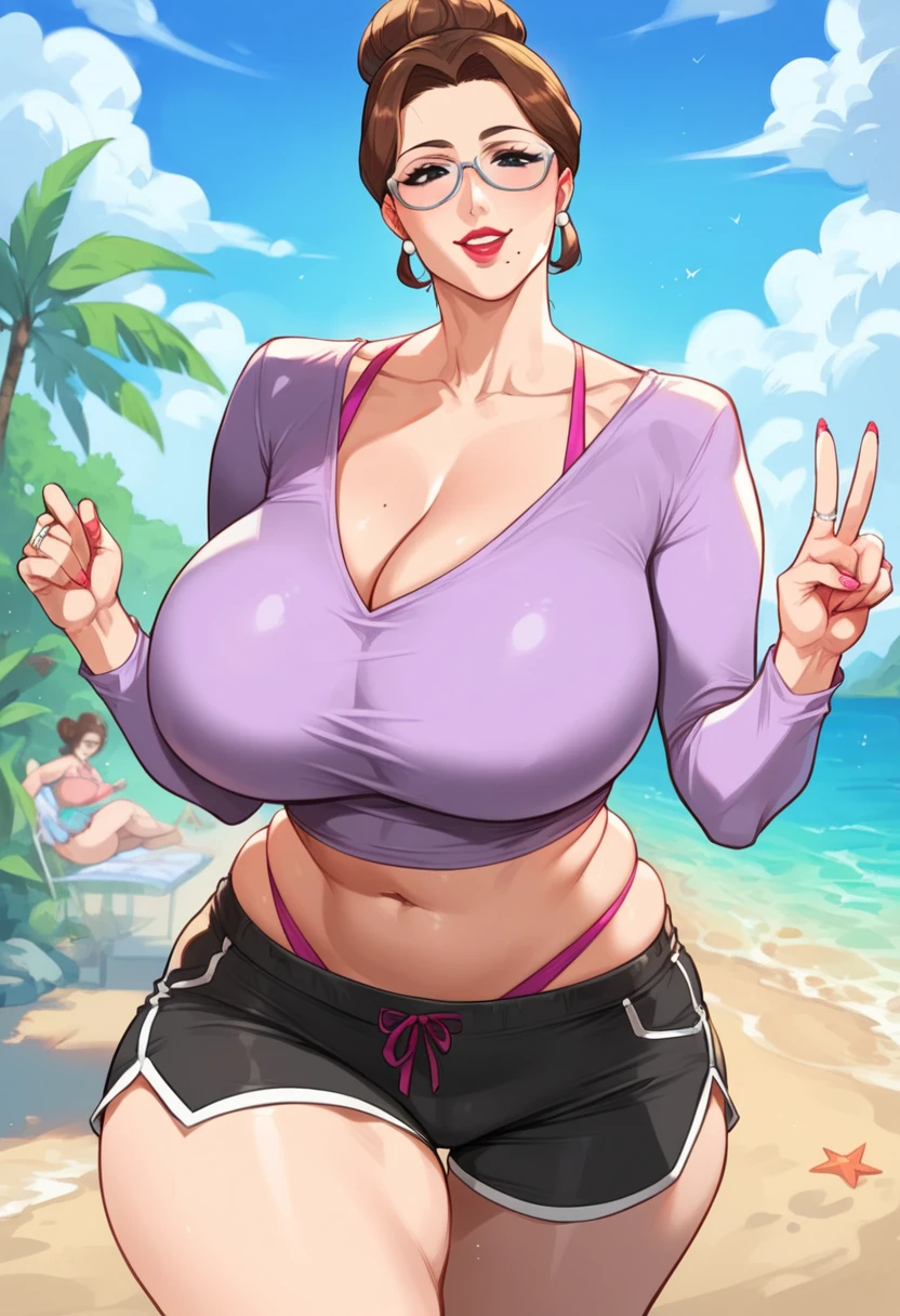 1 Latina thin women, solo, light skinned women, beach, huge gigantic breasts, oppai ratio, bbw, beautiful body, long breasts, boasting, proud, short hair, shoulder length hair, open top, tight pants, nice small hips, sunglasses, high quality, tall Latin thin woman, highest quality, windy, holding breasts, 