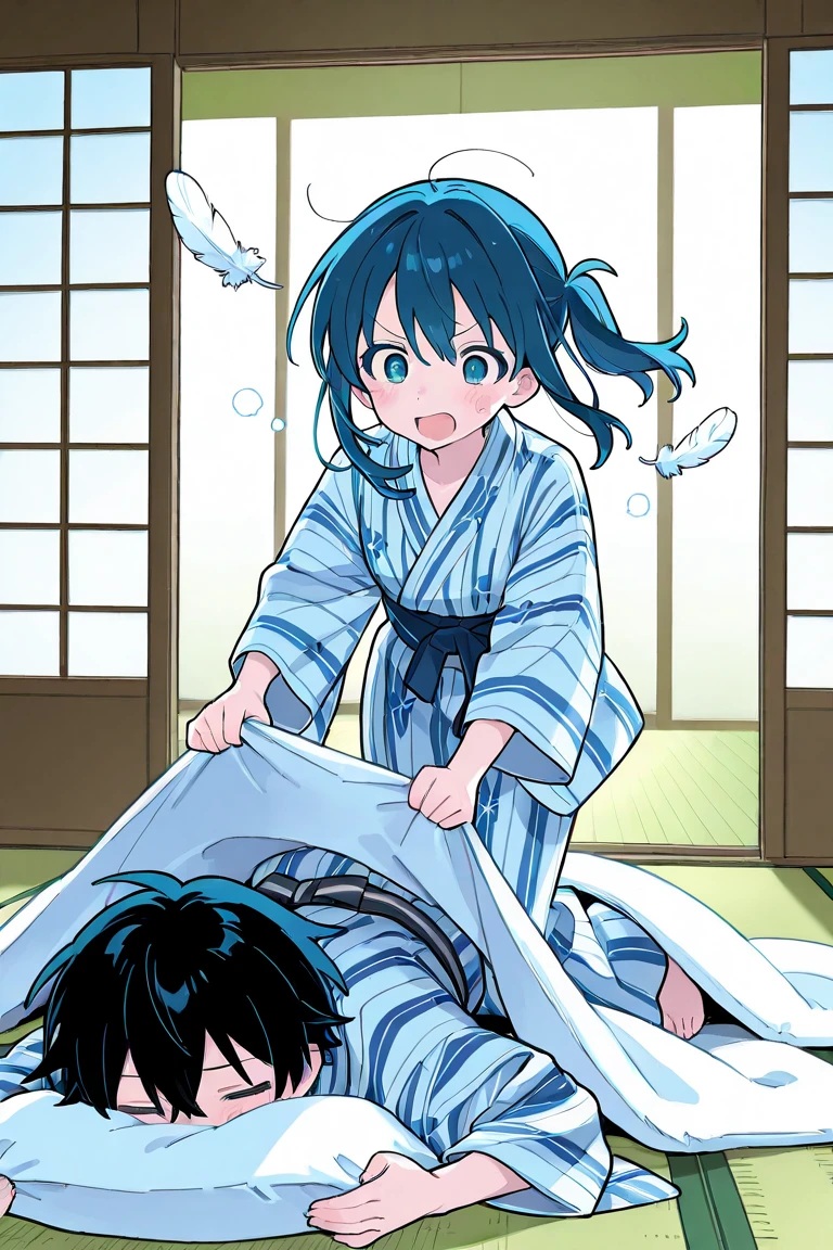 Browsing Caution,masterpiece,Highest quality,High resolution,Very detailed,Shiro \(no game No life\),Long Hair,Multicolored Hair,Hair between the eyes,Gradient Hair,Flat Chest,blue eyes, High-quality yukata,Embarrassing,blush,Night stay,Japanese-style room,tatami,futon,(Middle-aged men),A man puts his hands on her waist and hugs her