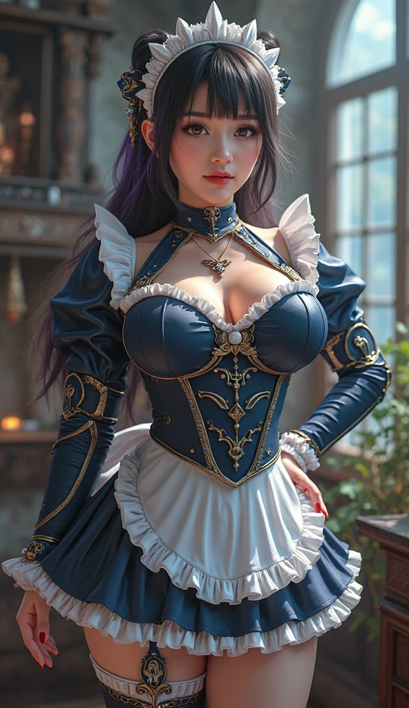 (best quality, 4k, 8k, highres, masterpiece:1.2),ultra-detailed,detailed face,realistic,Lotan beautiful caucasian woman with straight long black hair,blue eyes,flustered expression,very long hair,colored inner hair,fair skin,voluptuous,detailed lips and eyes,expressive face,attractive appearance,dragon horns on the head,(fusion of black mourning-dress and black wedding dress:1.2),(gothic ta:1.3),(light-blue and black theme:1.3),((black mourning-veil, black see-through wedding-veil):1.5),((black latex corset, light-blue breast-cup):1.4),(short puff-sleeve:1.3),((white collar, tie-bow):1.3),((ruffle-skirt, multilayer-skirt):1.4),((stockings, garter belt):1.3),(see-through long gloves:1.3),(blue rose decoration on head:1.3),(high heels:1.1),smiling shyly,blushing,blush,hand touching cheek