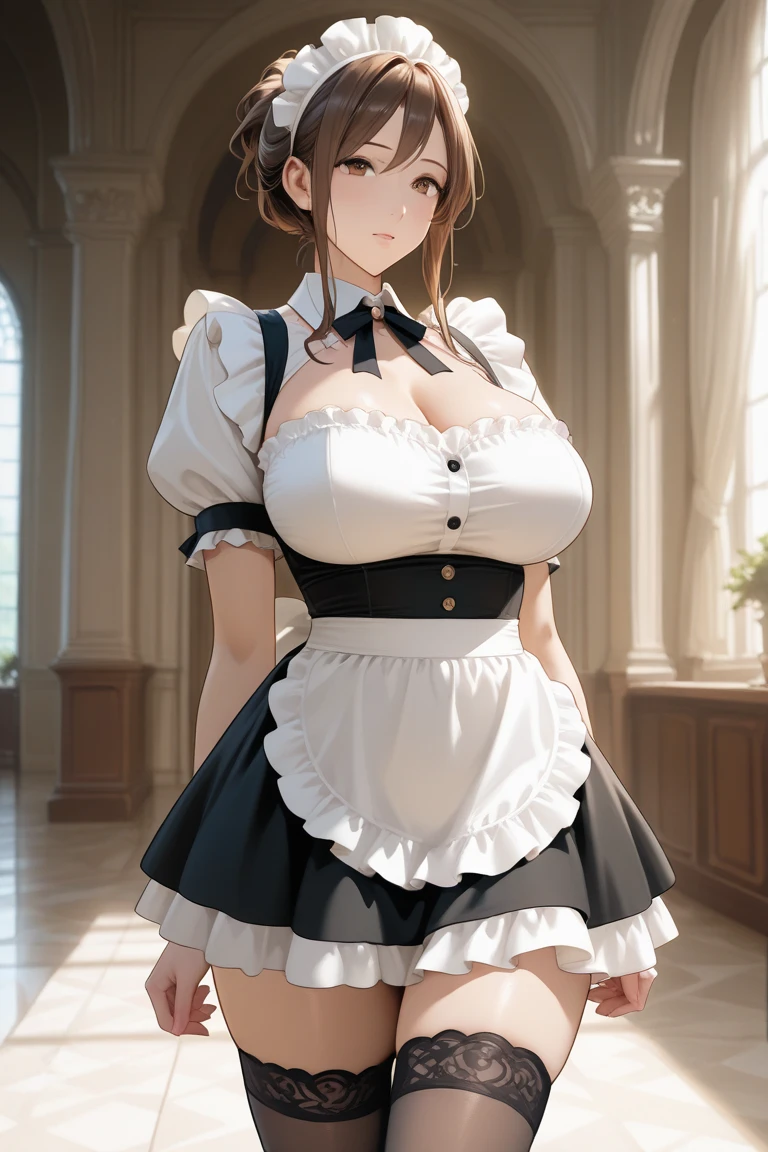 (((Full and soft breasts,)))(((Huge breasts))) (((Cleavage))) (Perfect curvy figure)Wangsancheng, Xi always, Green Eyes, Beautiful and delicate eyes, Brown short hair, curls, Large Breasts, masterpiece, best quality, high resolution, Good lighting, Detailed CG, Messy hair, Picture in the frame, From the back, (Wall of Glory Pose:1.3), Beautiful and delicate eyes, Glossy lips, maid, Short puff sleeves, small maid apron, High Leg Raise, Worry, clavicle