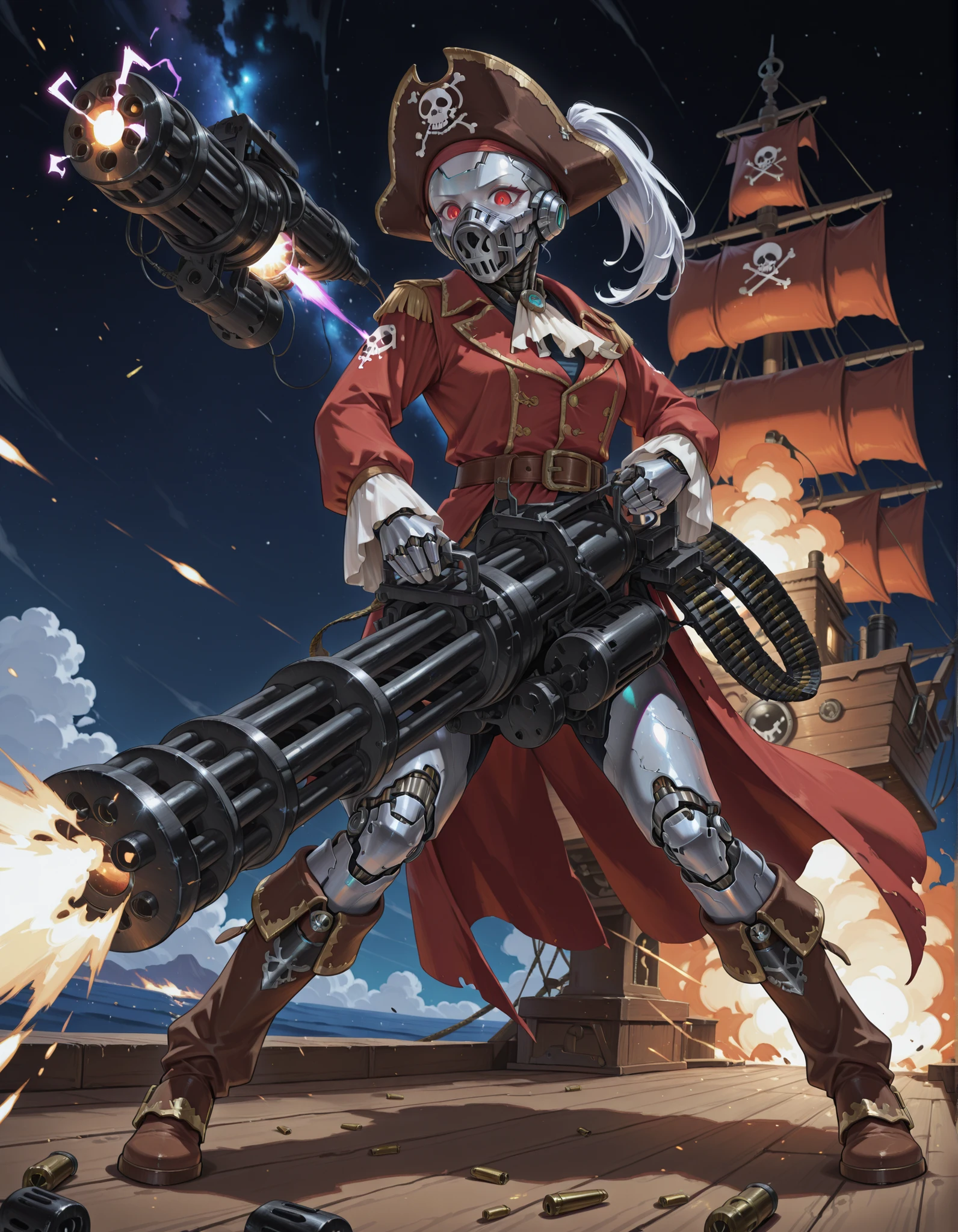 masterpiece, absurdres, highres, newest, solo, solo focus, bald head, cyborg, silver metallic skin, cybernetic limbs, space pirate, endoskeleton, red eyes, (long sleeves, pirate costume, pirate hat, pirate boots), space backdrop, attacking, on a pirate ship, space port, (c-m134, firining and holding m134, two-handed, ammunition belt, muzzle flash, casing ejection from the weapon), menacing.