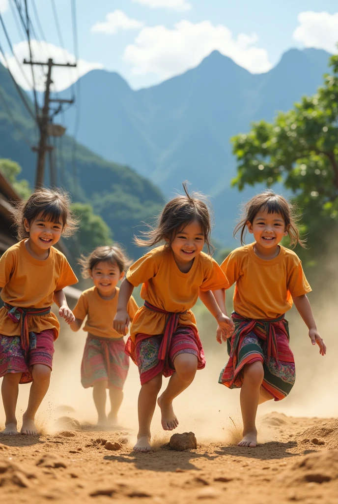 ( photo realism 1.2) photo realistic high detailed Malay kids smile at bush playing around cinematic view cinematography view morning mode