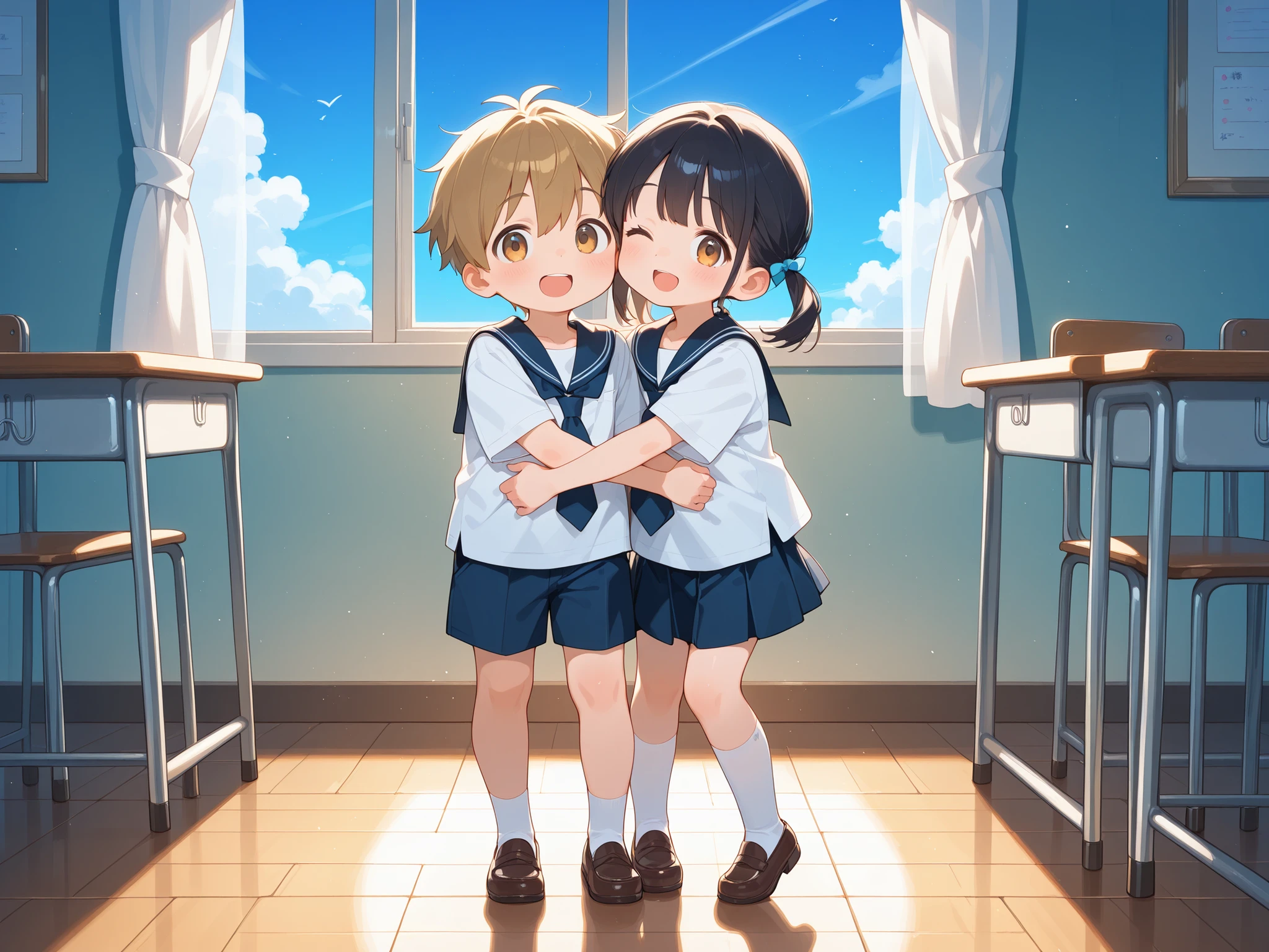 High Quality、full body、1 elementary school girl、1 elementary school boy、((2 people hugging each other))、romantic、night、classroom
