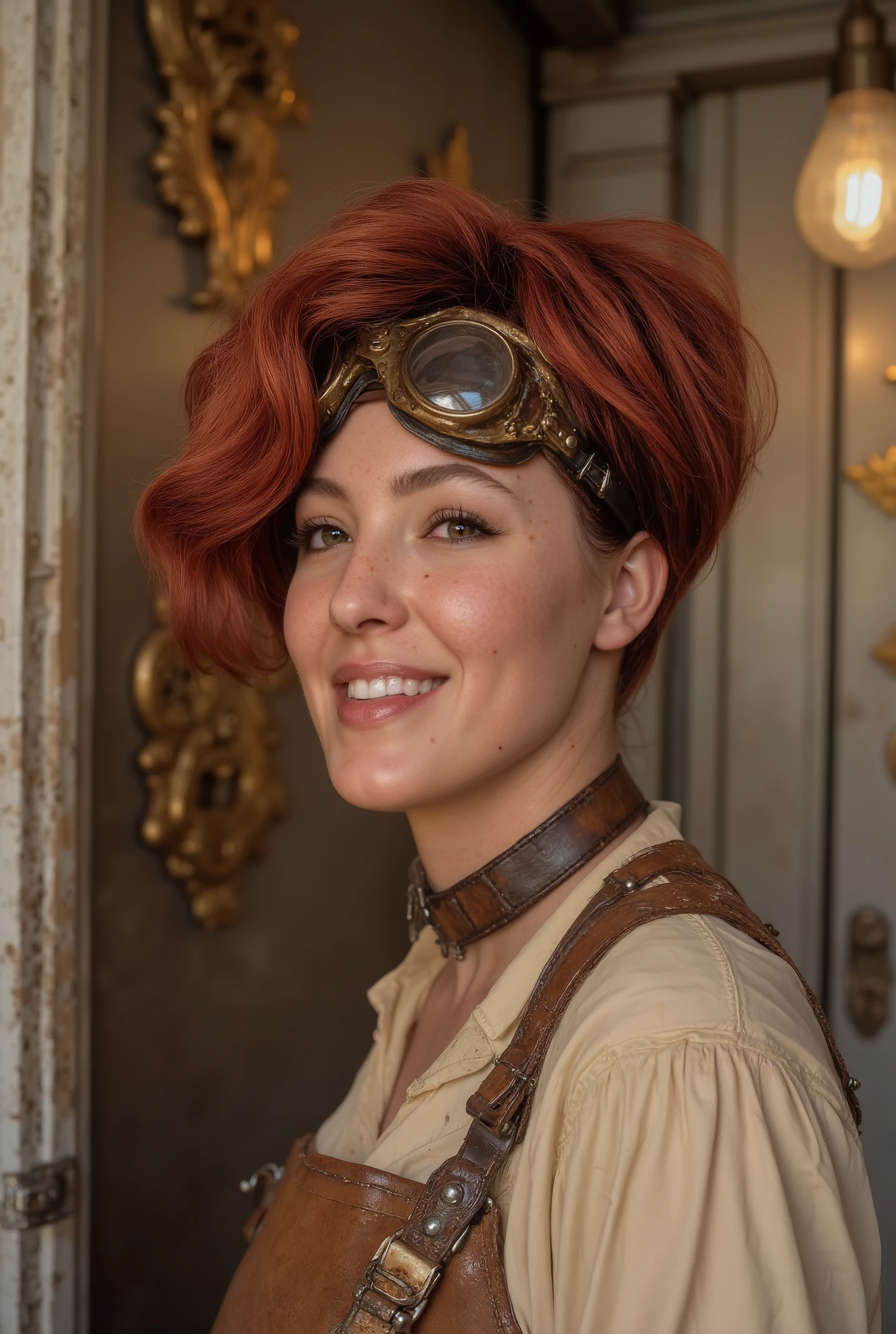 Hyper-realistic close-up photos of a laughing steampunk girl. The body is in profile . The head is turned towards the viewer. A glance to the side . Curly elastic red hair . very light, transparent olive eyes. long fluffy eyelashes. wide, beautiful smile, big pearly teeth. freckles all over his face. Very realistic skin texture. Big, beautiful, steampunk goggle glasses are raised on her forehead. Leather collar with rivets and safety belt . The upper part of the blouse is cream-colored in retro style. Muted natural colors and shades . The light of the incandescent lamp falls from above and from the side. In the background is a textured antique wall with decorative gold details. The style of the author's digital photo with elements of steampunk and vintage . . Creative stylization . A warm, welcoming atmosphere.