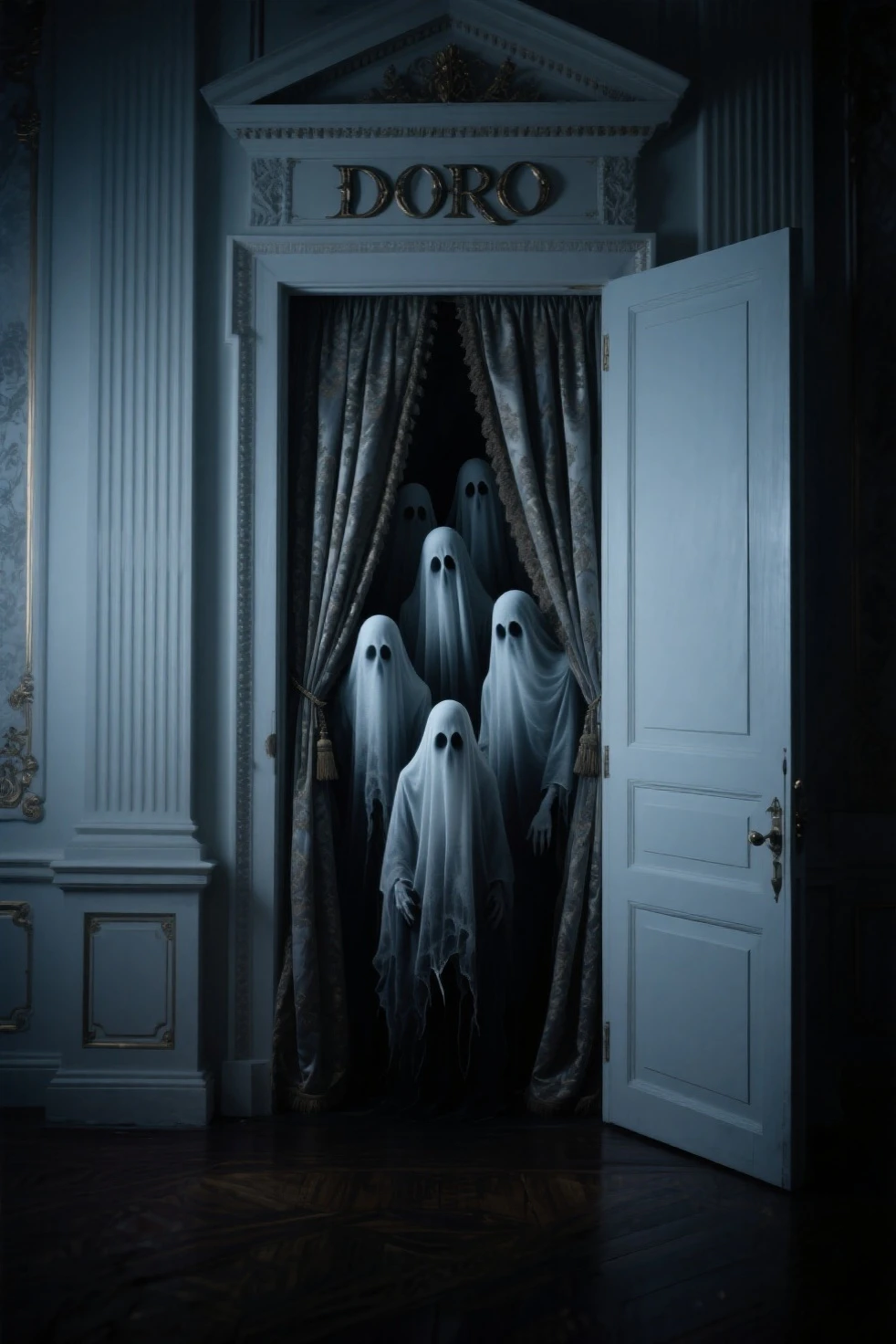 Late night with no lights、Zoom in on face、Spooky Japanese Ghosts、ruins、Apparition、gloomy、Photorealistic、movie