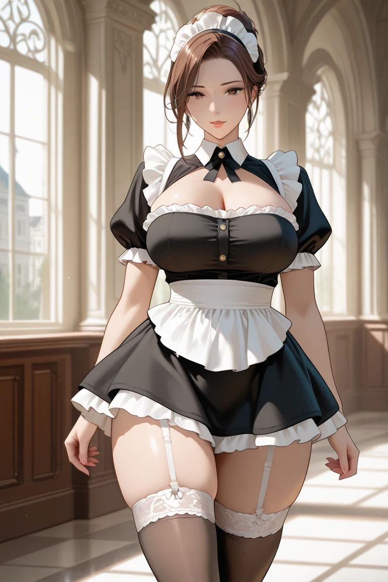 (masterpiece, high quality:1.1), light, Extremely detailed, 
Yuna Mitei, permanent, whole body, Hands under clothes, From below,
look down, (Awkward, blush:1.1), Shy, open mouth,
Brown hair, Double braid, Lipstick, cosmetic, No eyes, Glasses,
Maid headdress, (maid dress up:1.1), Short sleeve, cuff, Black over-the-knee stockings, High heel, 
Huge breasts,  (((Full and soft breasts,)))(((Huge breasts))) (((Cleavage))) (Perfect curvy figure), Curvy beauty, 
indoors, VIP room, building, window, sky, Complex background,
 