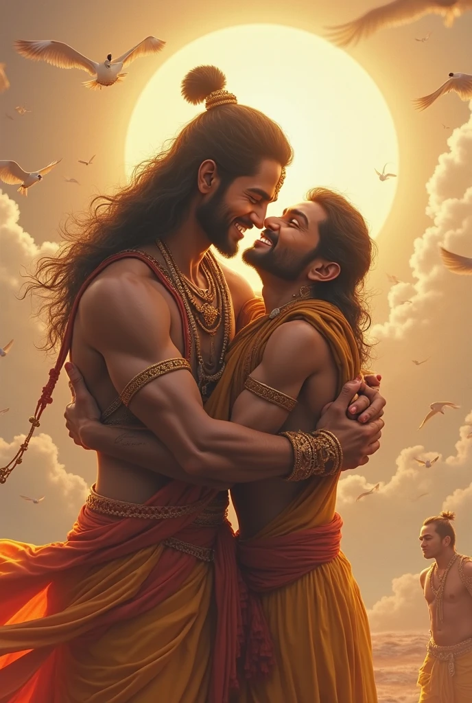 Realastic Lord hanuman hug A 30 year old man and man wear a white t-shirt "Atul" name print on white t-shirt, background realistic pic 3D