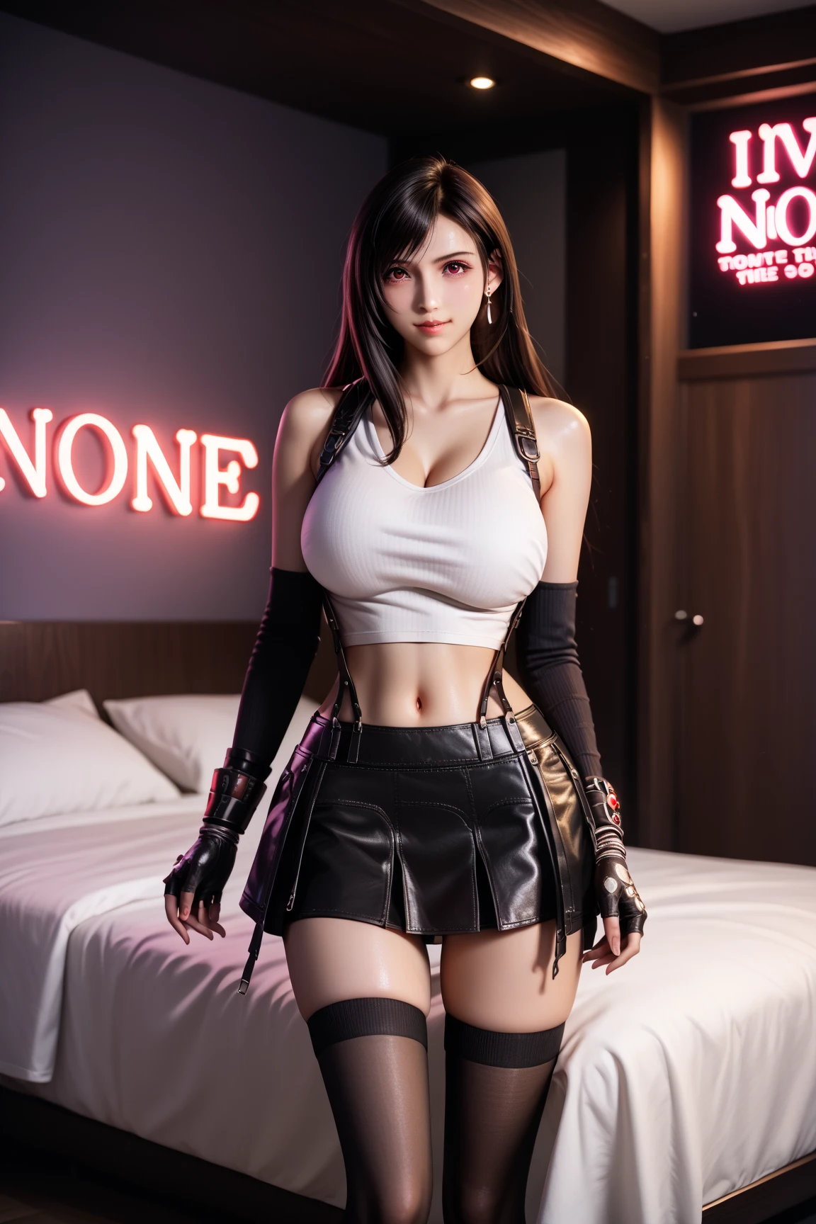 Masterpiece, realistic, 8k, CG, perfect artwork, super detailed rendering, highest quality, high resolution, detail maniac, shy expression, realistic eyes, high definition, high quality, exquisite face, detailed body limbs, 1girl, solo, Hinata Hinata, Hinata sleeveless clothing, sleeveless shirt, fishnet shirt, dark lips, unzipped jacket, no bra, no panties, exposed breasts, blushing, white stockings, highlight, transparent clothes, exposed pubic hair, camel toes, extreme breasts, extreme body, thin legs, all over, the woman lies on the bed,