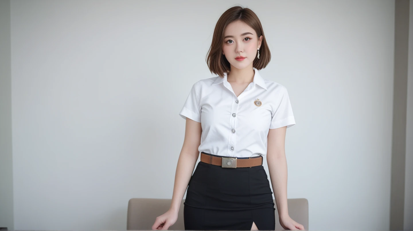 18s woman in Thai university uniform, white shirt, black skirt, brown belt, white sneakers, Sitting wih one leg crossed on a desk, dark background