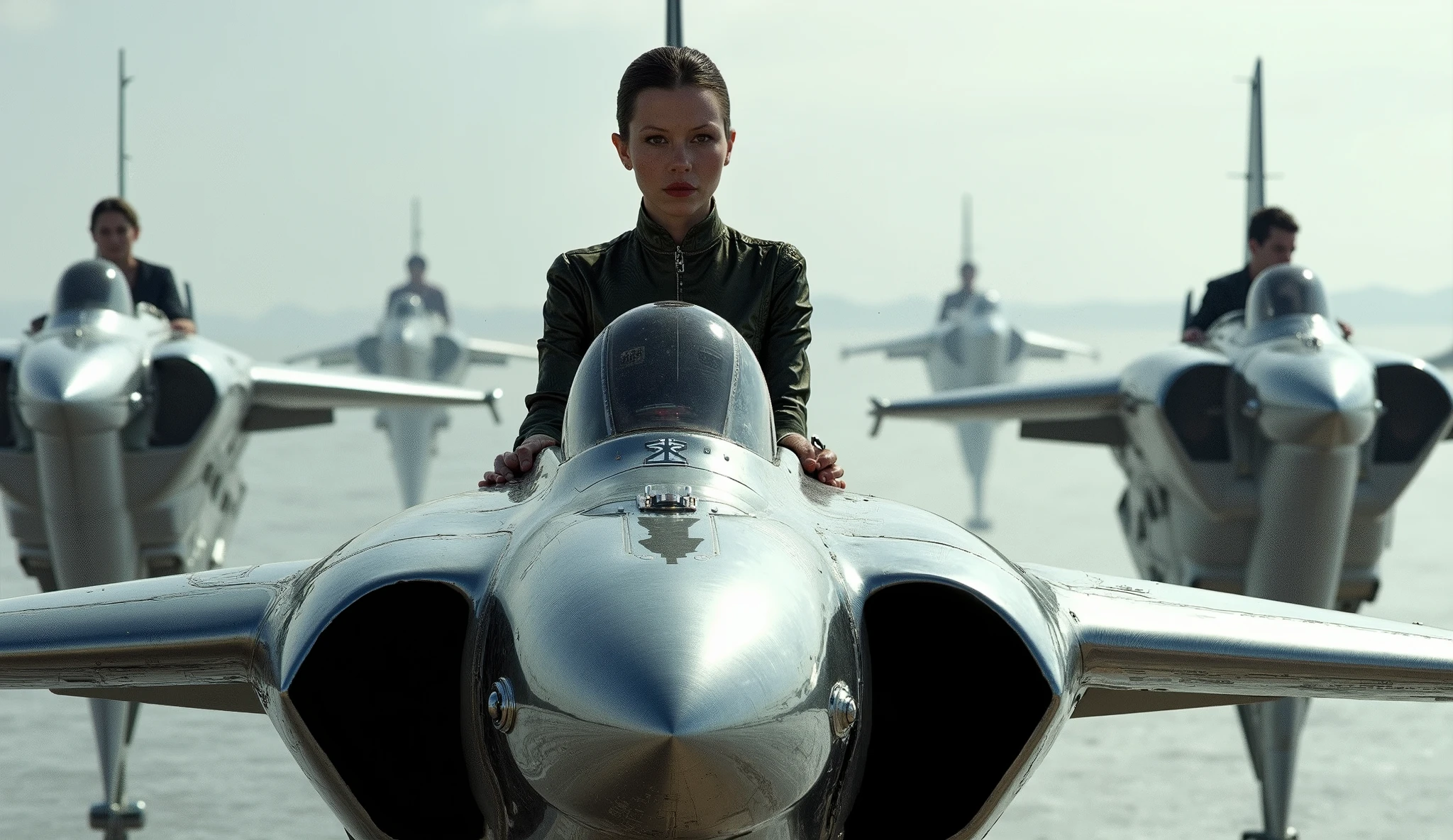 Elite villain Mia Goth pilot in a chrome-plated fighter leading a strike force.