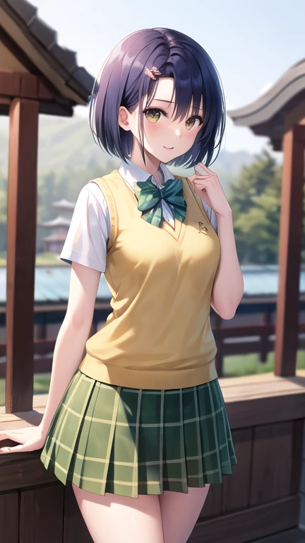 masterpiece, best quality, highres, aaharuna, short hair, hairclip, forehead, , green bowtie, white shirt, sweater vest, yellow vest, short sleeves, plaid skirt, green skirt, pleated skirt, standing, cowboy shot, outdoors,