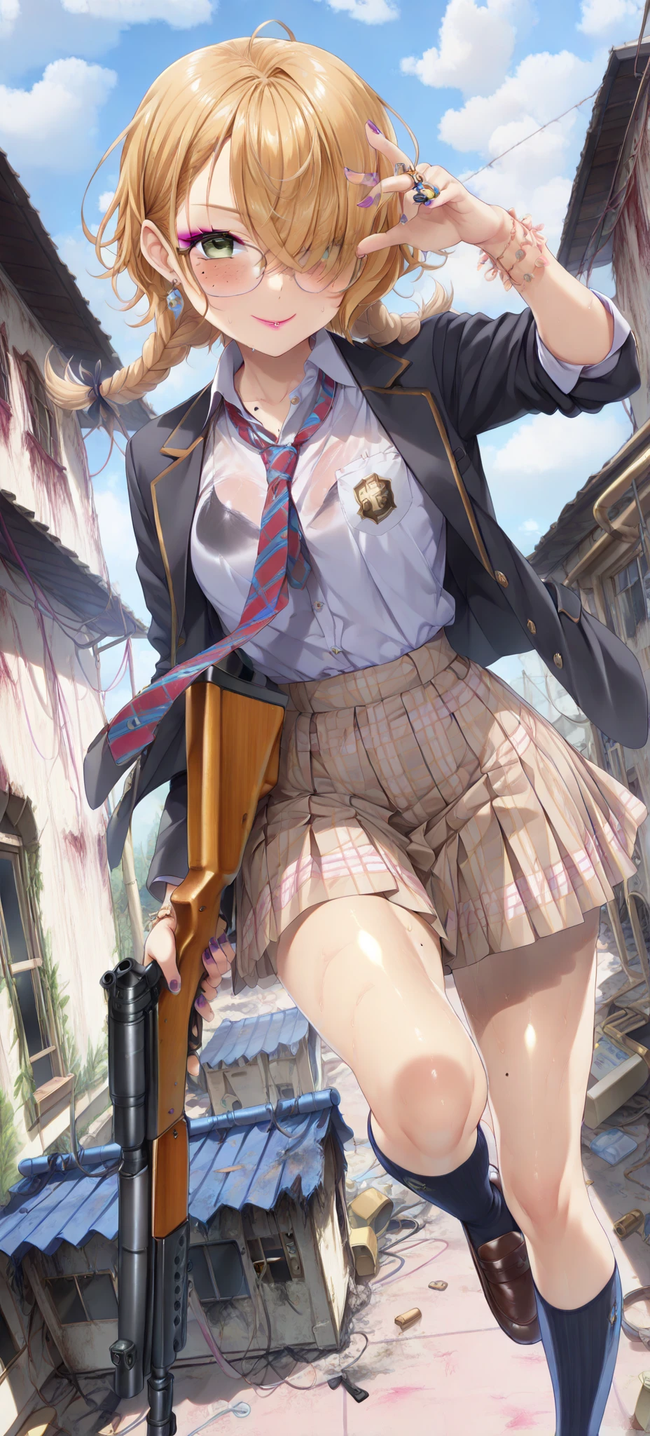 (masterpiece, highest quality, ultra high res, ultra detailed:1.3), 1 cute girl, gyaru, ideal ratio body proportions, many accessories, wrist scrunchies, brecelet, necklace, earrings, (holding rifle, looking into the gun sight, putting one foot on the fence:1.3), mini skirt, (showing off panties:1.4), cameltoe, looking down, standing on the roof, from below, hanging student bag on shoulder,