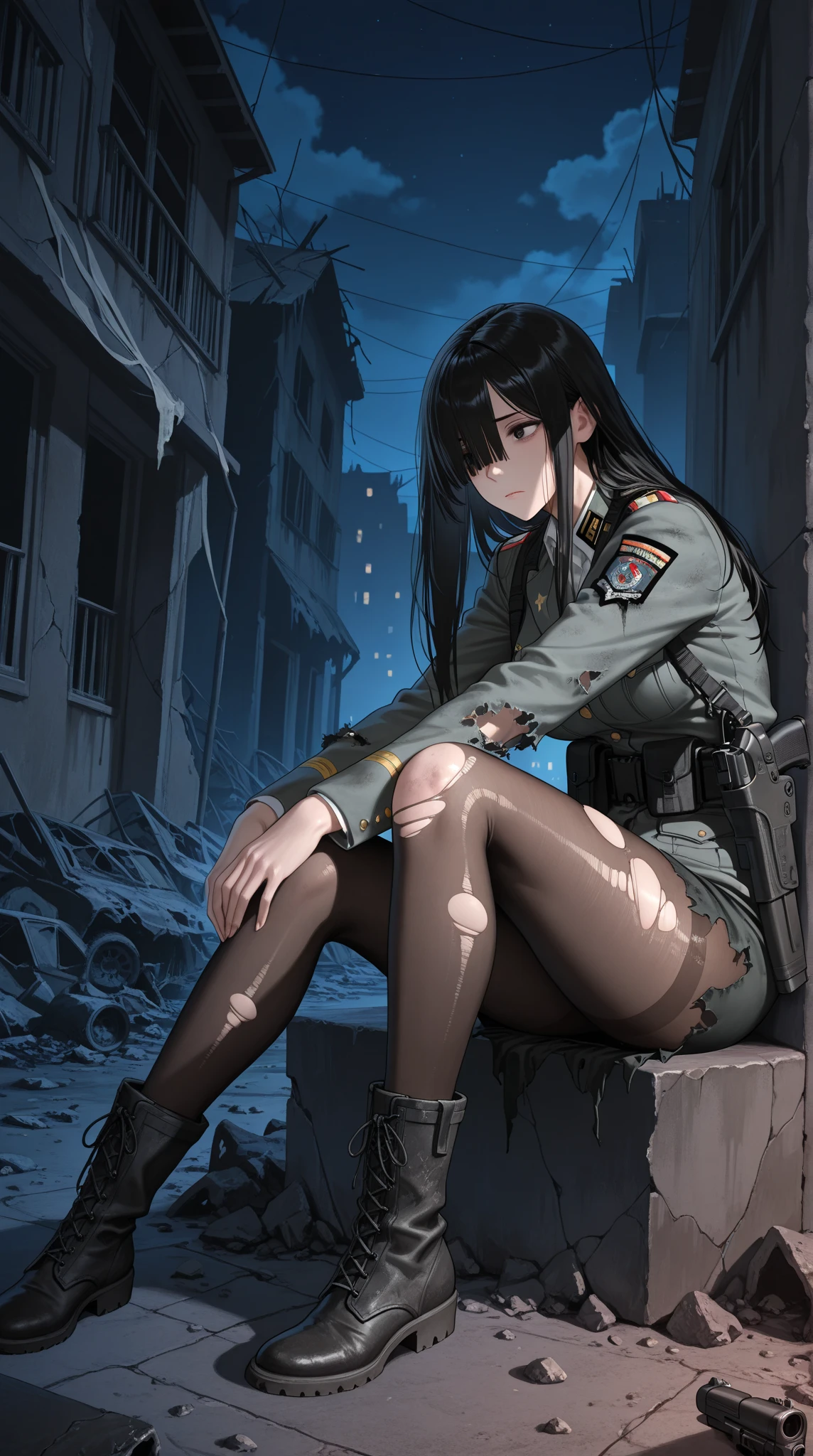 masterpiece, highest quality, (solo focus), 3/4 angle view, (perfect face:1.1), (high detail:1.1), dramatic, 1girl, ((erotic military outfit)), ((cutting edge outfit)), ((earth tone clothes)), skirt, thigh highs, coat tails, peaked cap, kneeling, holding rifle, solo, ((inguinal ligament)), detailed background, smoldering wasteland, abandoned town, purple embers, near-future, cinematic lighting,
