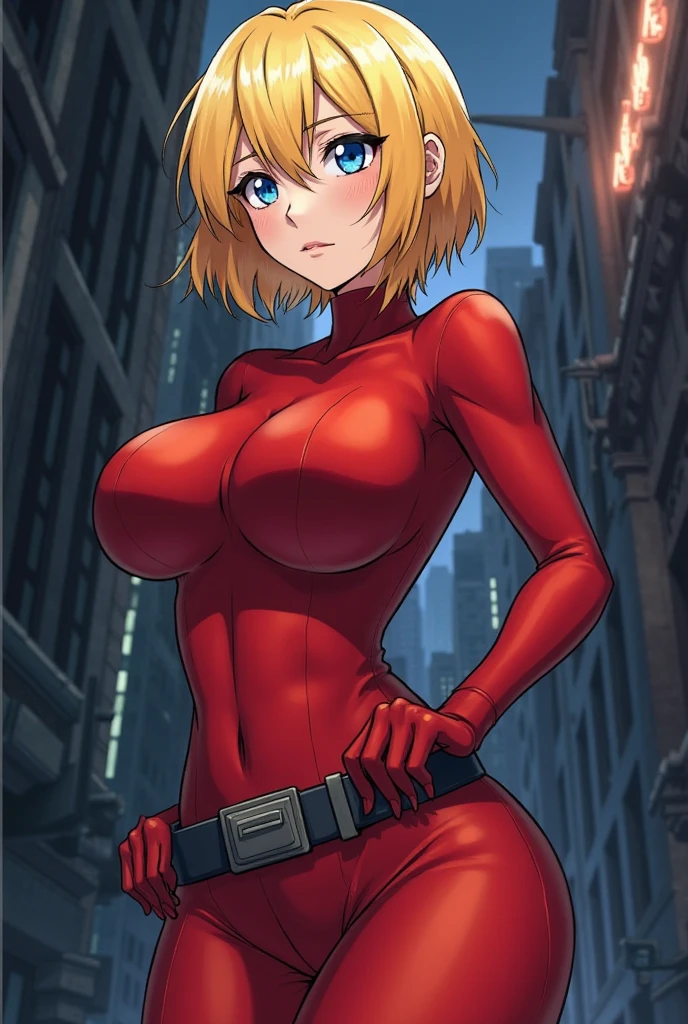 Hellsing Ultimate, Seras Victoria, 1girl, ((barnet))), cabelos loiros espinhosos, olhos azuis, puffy lips, thick lips, quadris largos, coxas grossas, Peito redondo enorme, enorme bunda redonda, pele oleosa e brilhante, seios espremidos juntos, uniforme policial vermelho muito pequeno, Posando, arms up,