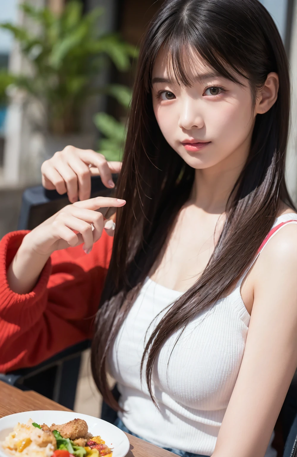 High quality, gentle and delicate, beautiful paintings. In the picture, the long-haired girl in a hat is wearing a white vest, long black hair, short bangs in front of her eyes, and thin braids on both sides, showing the beauty of an East Asian girl, while her body is slender and well-proportioned, full of youthful atmosphere. She appears in the picture with two girls with long two-tailed hair, one with a round and cute Asian face, and the other with a playful and pleasant Korean face, their hair is neatly combed, giving a fresh and vulgar feeling.