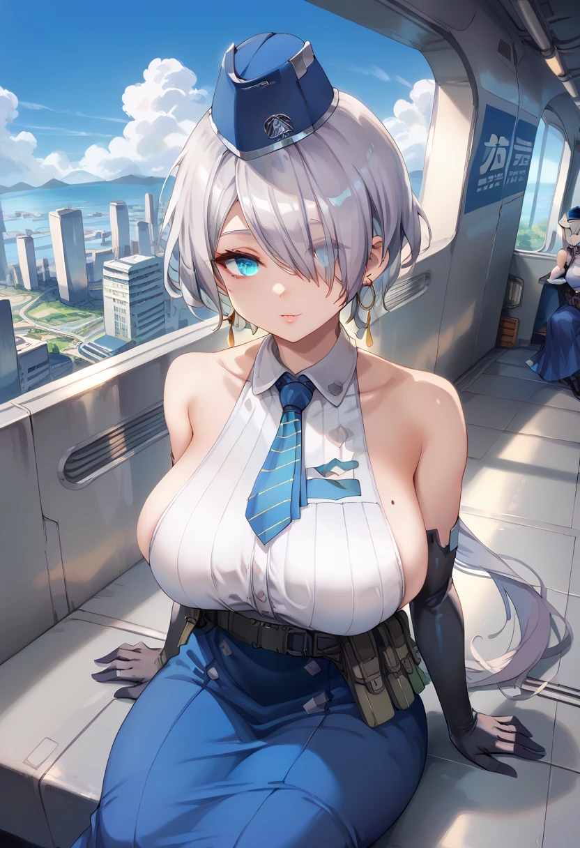 ((masutepiece, top-quality, hight resolution,1girl in,plein air, sitting on, Benches, shiny glossy skin, Huge boobs)), Coffee on the desk,
hair_Over_One_eye, bridfx, brid_nikke, Blue tie, Sleeveless,perfect hand,Upper body, Looking at Viewer