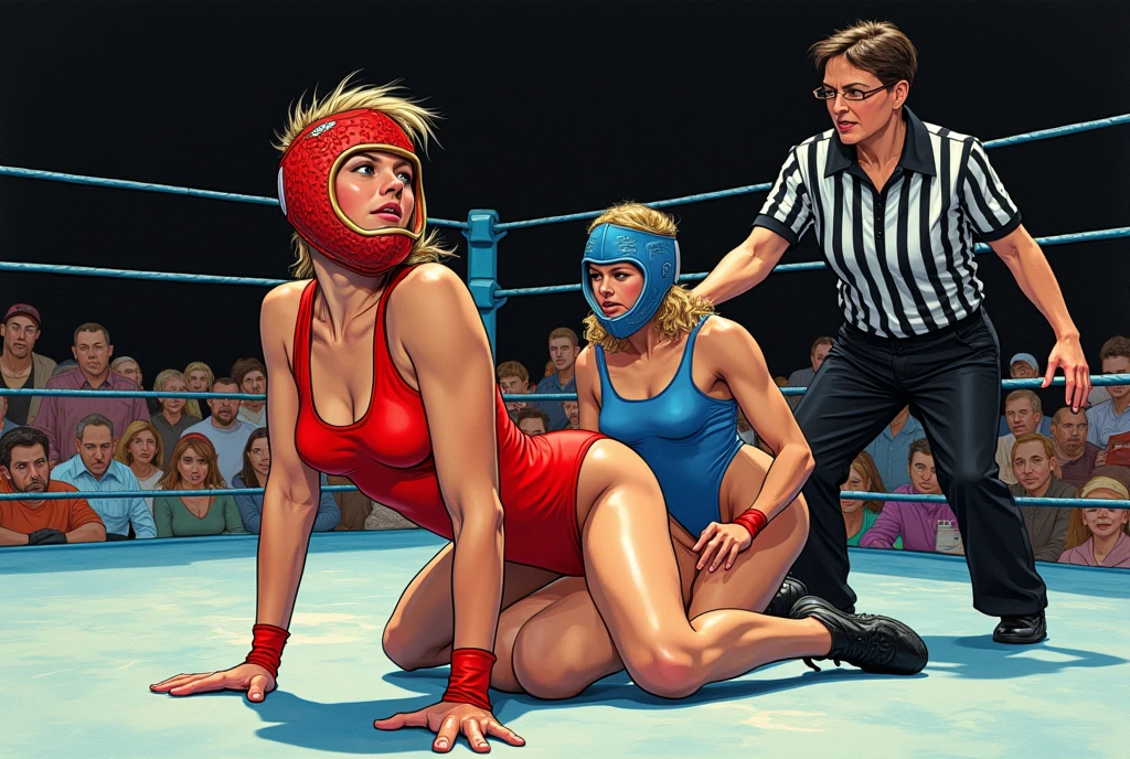A woman wear red micro bikini, black thick long hair, red higheels, red lils, big breast, curve hourglass body, scar face, bloody face, boxing stance, pose boxing, sweaty, sweaty body, boxing ring, audience yelling at her. Dark. Underground fight