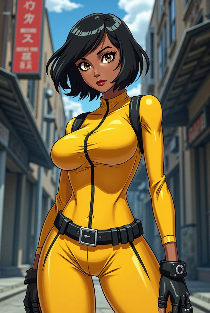 (masterpiece, best quality, ultra-detailed), AlexTS, dark skin, yellow eyes, black hair, yellow bodysuit, grey belt