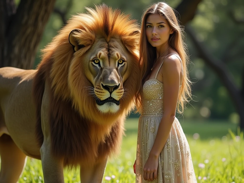 Drawing of girl with shoulder-length straight hair bangs with a lion
