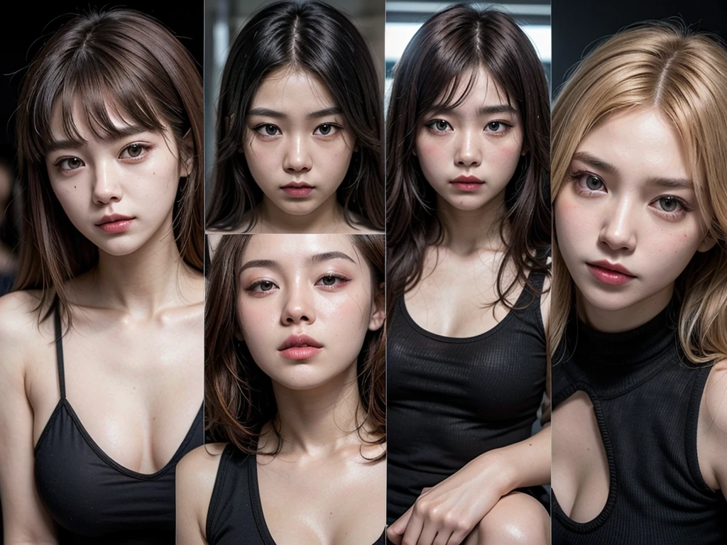 Close-up shot of three Korean beauties with seductive expressions。This scene is intense and dramatic.、The women's faces are highlighted、It expresses an intense and captivating gaze.。