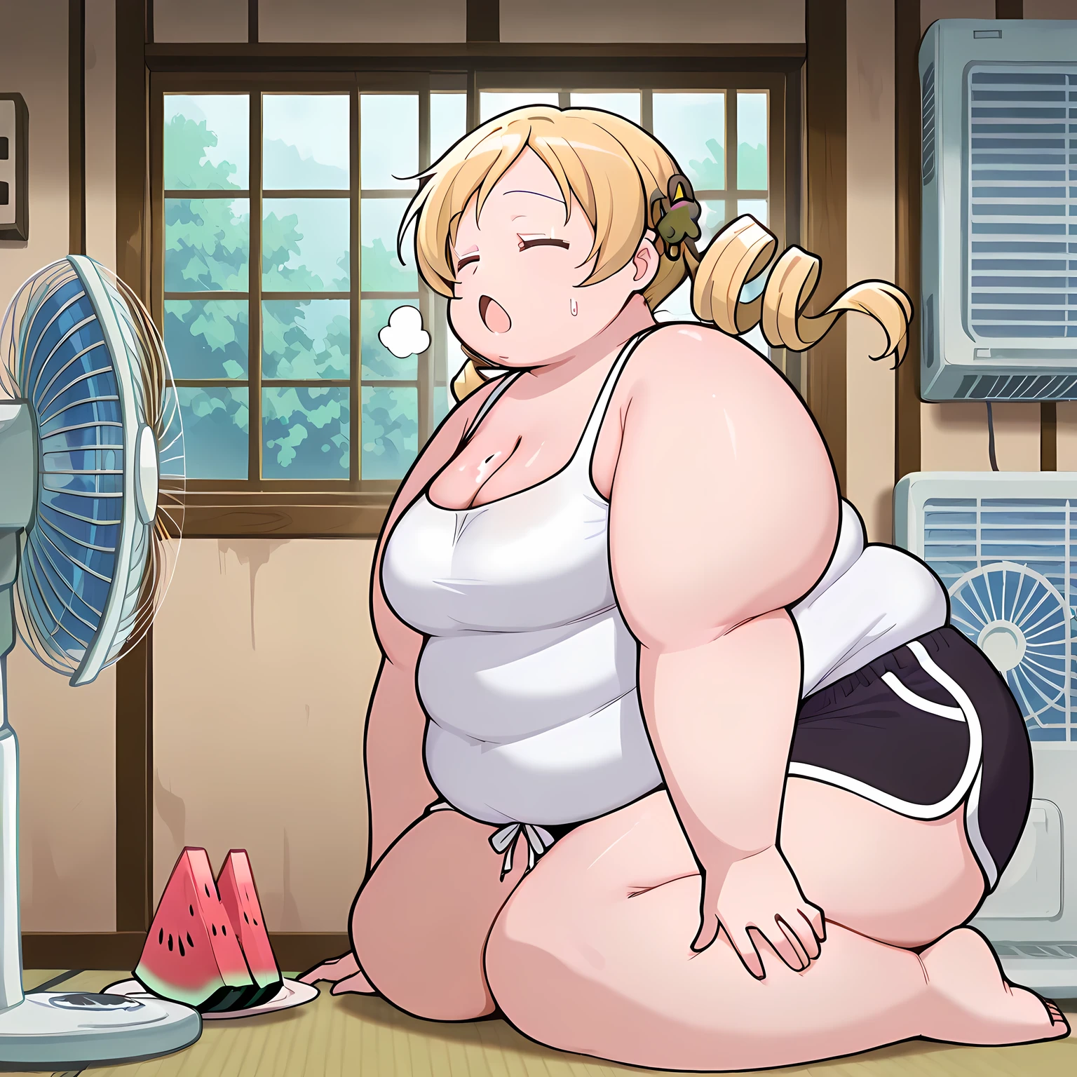 masterpiece, best quality, amazing quality,, Tomoe Mami, 1 girl, Yellow hair, bangs, , blunt bangs,, mature female, medium breasts, anime screencap,  cooling down in front of electric fan, open mouth, cleavage, sitting, closed eyes, food, shorts, barefoot, indoors, short shorts, window, kneeling, fruit, tank top, wind, watermelon, dolphin shorts, electric fan, air conditioner,, , ,fat, chubby, obese, gigantic arms and legs, large breasts open mouth, out of breath