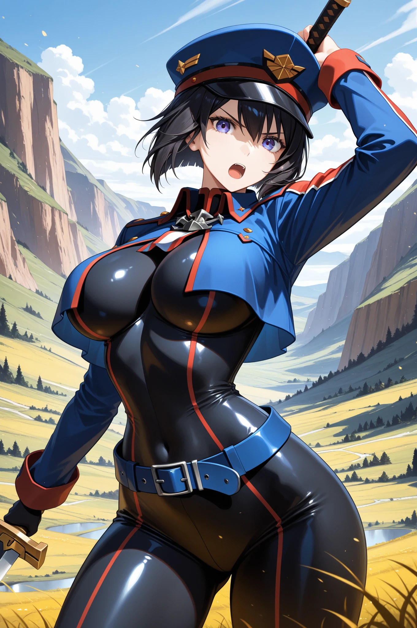 anatomically correct, best quality, masterpiece, high quality, high details, highres, HD, (shaded face:1.2), hollow eyes, black eyes, looking at viewer, heavy breathing, expressionless, lips,, black hair, long hair, huge breasts, cropped hoodiem black bikini, long sleeves, sweating, wet, a woman standing in the snow holding a flag, an anime drawing, fantasy art, imperial military, 4 k anime, norway,