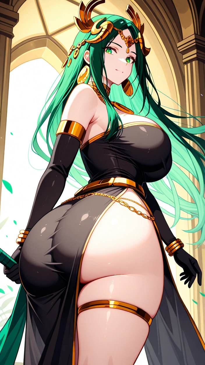 Code Geass, C.C, 1girl, (((bimbo))), long green hair, yellow eyes, ear rings, puffy lips, painted lips, thick lips, wide hips, thick thighs, small round breast, huge ass, revealing cleavage, erotic, sexy face, bubble butt, Brazilian butt lift, black bunny outfit, fishnet, looking back, ass posing, high heels, full body