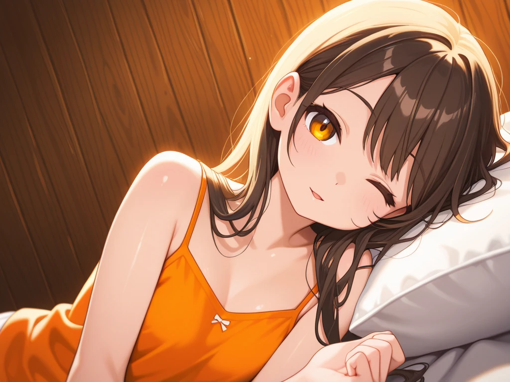 Very detailed、((((lie down))))、((masterpiece))、((((highest quality))))、((((High resolution))))、One Woman、alone、Brown Hair、Hair between the eyes、Ahoge、(Red-orange eyes)、(Glowing Eyes:1.233)、(Beautiful and detailed:1.1)、Woman with bear ears、smile、cute、8k、smile、Girl with bear ears、pajamas、Bedroom、lie down、Drunk look