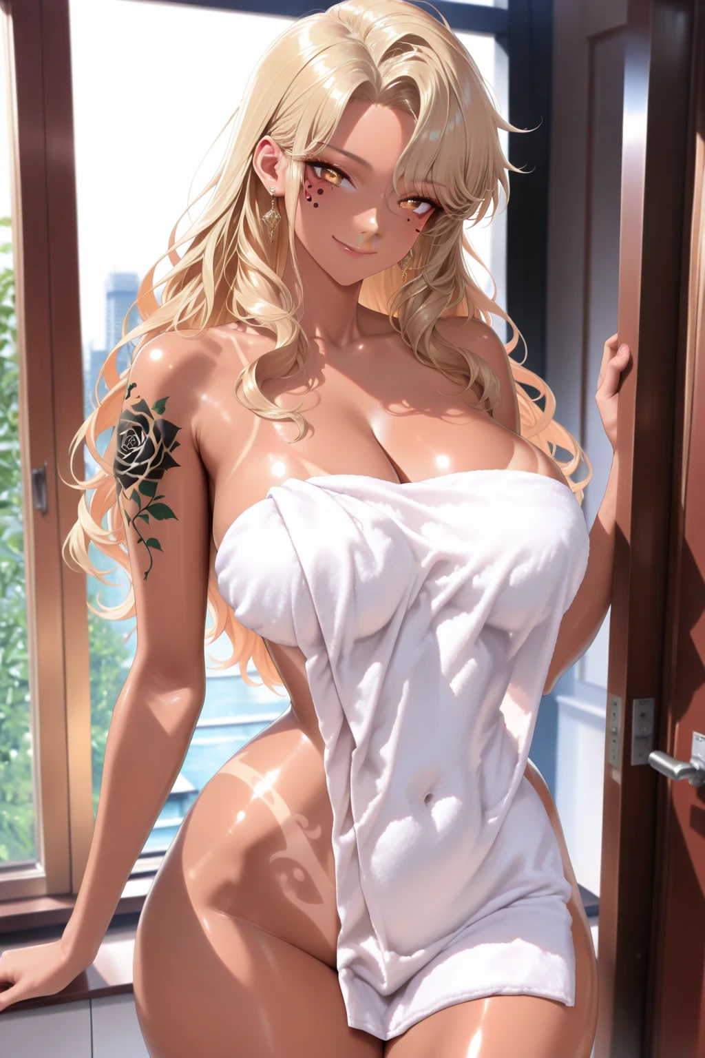 Super detailed、highest quality、Best image quality、masterpiece、8K、Sparkling Blue Eyes、Anime Face、A kind smile、Open Mouth、(Blonde Curly Hair)、(SFW huge body)、(((Rear view)))、Cowboy Shot、(Wearing a white thong:1.5)、Muscles of the whole body、Wearing a black headband、Kneel on the sofa、Place your hands on your hips、(Turn around here)