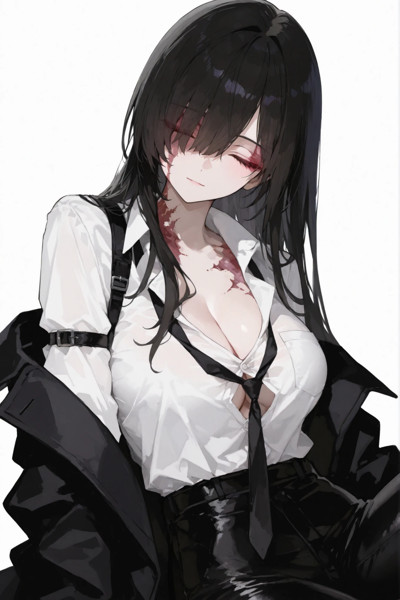 ((blood droplets)), ((blood)), ((blood splatter)), ((blood on clothes)), ((blood stain)), Masterpiece, Beautiful art, professional artist, 8k, tired expression, showing teeth slightly, very detailed face, Detailed clothing, detailed fabric, 1 girl, View from above, lying on the ground, BIG BREASTS, perfectly drawn body, , pale skin, tired expression, beautiful face, long black hair, 4k eyes, very detailed eyes, pink cheeks, choker:1.6, (white long sleeve button down shirt with white collar), black gloves, gloves that cover hands, (black leather corset), (shiny black leggings), Sensual Lips, show details in the eyes,  dark forest, Atmosphere, fog, At night