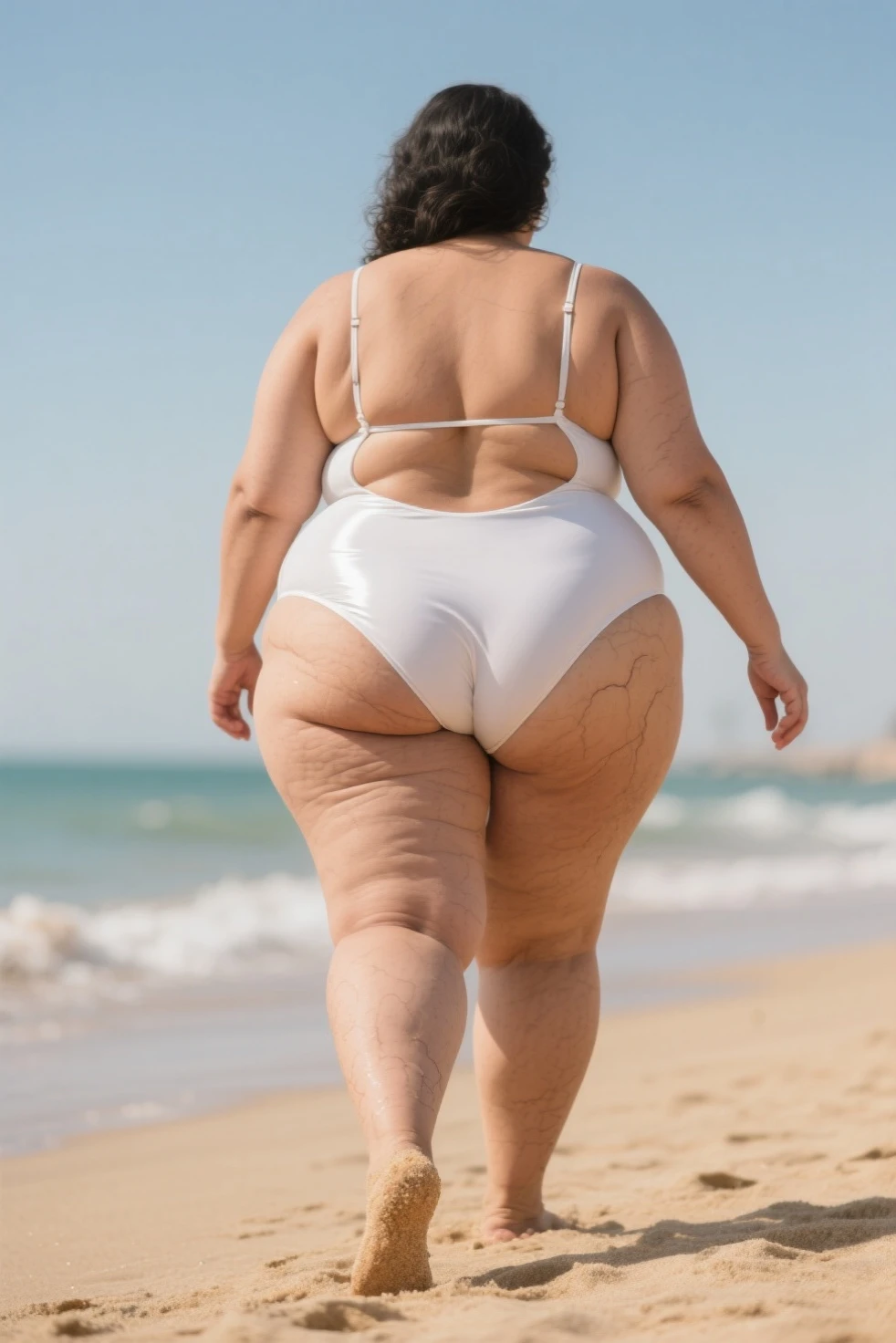 extremely detailed, high quality, realistic, photorealistic, 8k, masterpiece, full body, glowing skin, beautiful face, mature woman, high cut microbikini, extreme thin bikini, too small bikini, too big woman for tiny bikini, teardrop bikini, open legs, over 50 short blonde hair, lot of freckle on her whole body, freckle everywhere, glasses, extreme obese, sensual pose, extreme huge belly, bellyrolls, huge thighs, sweaty, cellulite, ssbbw, ussbbw, extreme cellulite, cream on body, stretchmarks, gigantic saggy bottom, huge flat ass, cameltoe