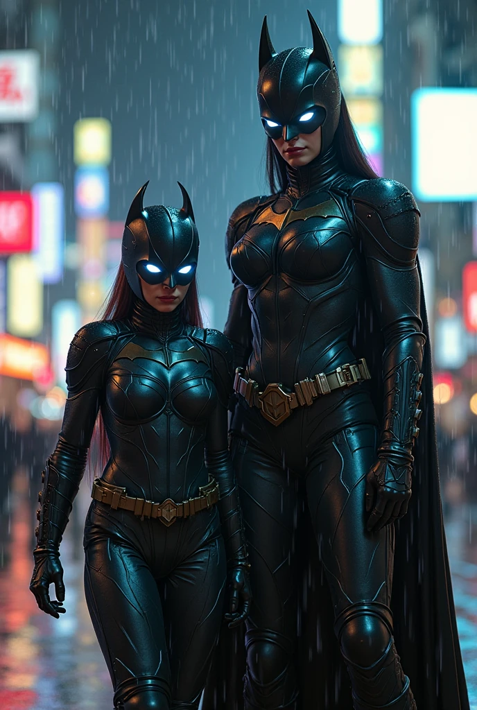 Catwoman at night in Gotham City, raining, Catwoman sneaking behind Batman, Batman unaware, Catwoman's body type is curvy, Batman is very muscular, dark and moody atmosphere, Catwoman wearing a tight black catsuit, Catwoman's suit is shiny and wet from the rain, Catwoman's pose is stealthy and feline, Catwoman's expression is focused and sly, Batman wearing his iconic suit with a cape, Batman's suit is dark and armored, Batman standing confidently, Gotham City skyline in the background, tall buildings, city lights reflecting in puddles, dramatic lighting, raindrops visible, tension in the scene, comic book style