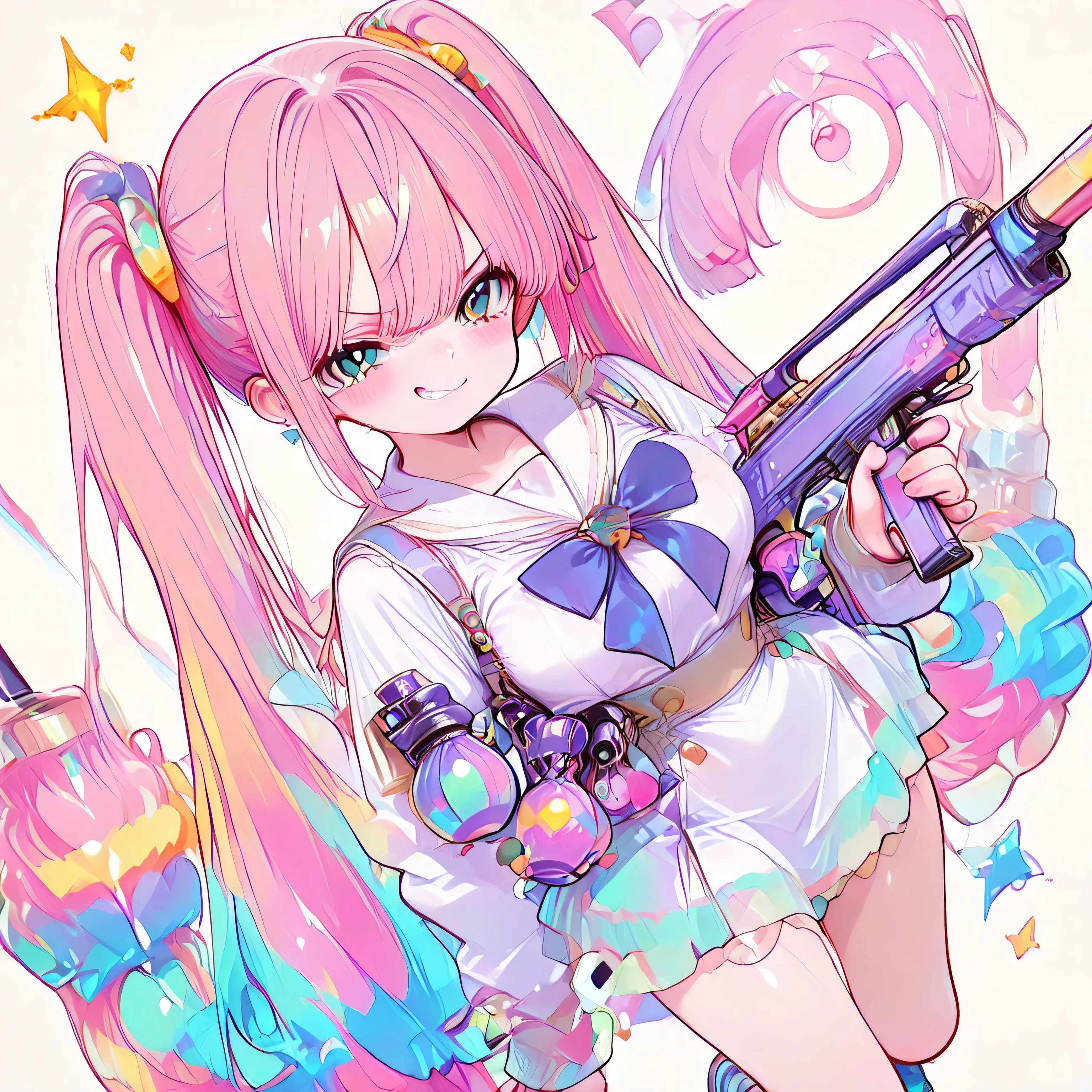 score_9_up, score_8_up、score_7_up、unaestheticXL_cbp62、deep_negative_pony, negativeXL_D, 8K、((傑作:1.3))、(超詳細、RAWカラー写真:1.3)、(最高品質:1.3)、(信じられないほど不条理な高解像度、非常に美的、不条理)、(解剖学的に正確な描写:1.3)、傑作デジタルアート、BREAK:細部への美しいこだわり、((BREAK:緻密な目と緻密な顔:1.3))、(磁器のように滑らかな肌, すべすべの肌:1.3)、1girl, alone, クールなアニメキャラクター、 (very embarrassed expression, blushing, scowl, evil grin)、(赤い目:1.3)、(明るい瞳孔:1.5)、medium breast, (プラチナカラーの髪、very long twin-tail hairstyle:1.3)、(Wearing a pastel color high school sailor-uniform:1.3, Holding a pastel-colored rifle, A pastel-colored grenade attached to the holster at the waist:1.5), full body, dynamic angle, (from above:1.5), zoom shot, Hair swaying in the air, amazing effects, (very dynamic poses:1.5), background/(pastel color luxury battle field, Target mark, the word BANG!, mellow, twinkle effect)