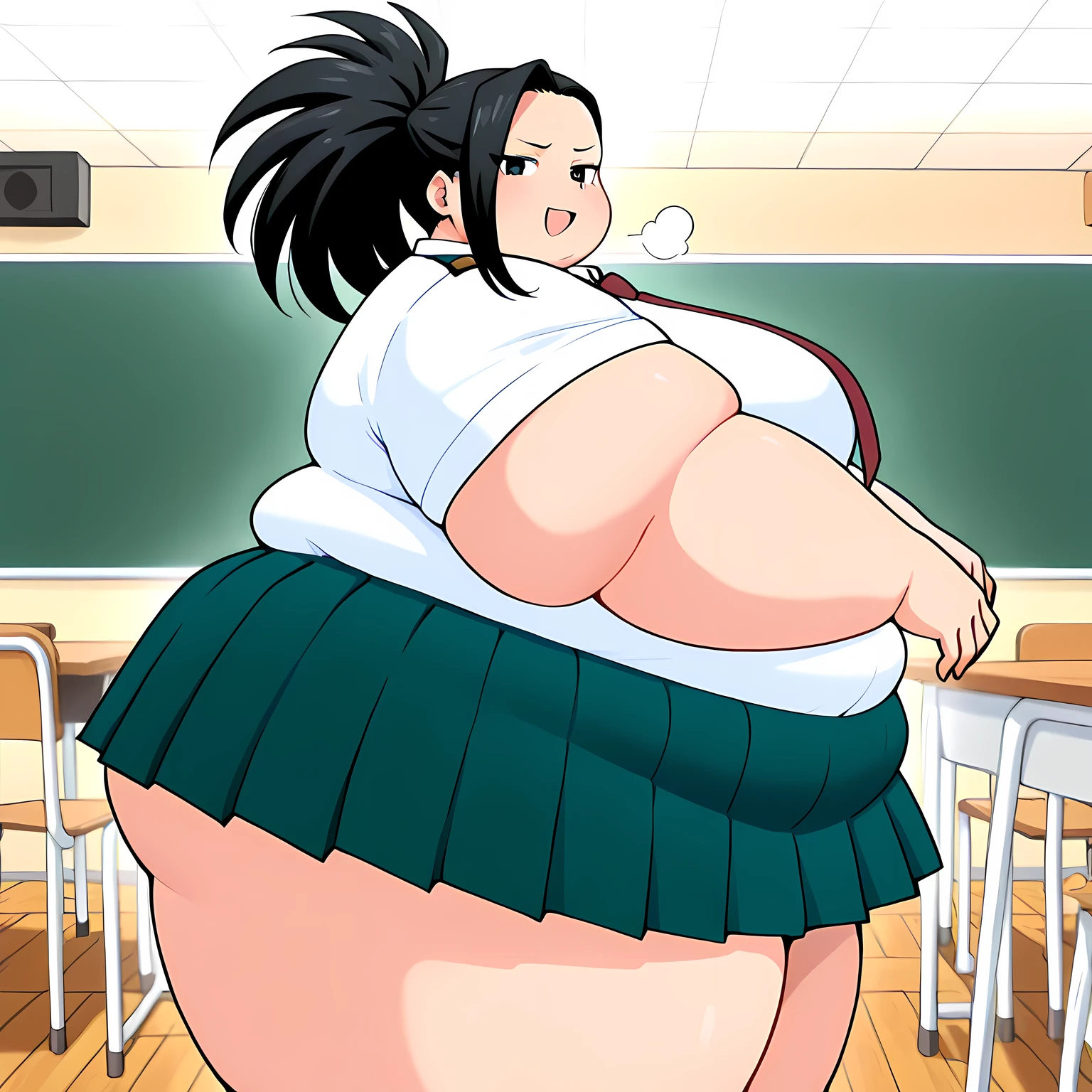 (masterpiece, best quality:1.2),midoriya inko, green hair, short hair, short ponytail, green eyes, huge breasts, curvy, plump,boku no hero academia,red necktie, pussy, large breasts, sitting on a school desk, spread legs, upskirt, pubic hair, facing viewer, smile, pubic hair, three quarter's view, cleavage, nsfw, exposed midriff, topless, nipples, nsfw