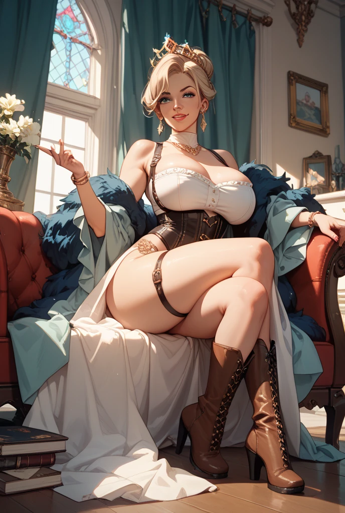 Holli Would, big breasts, deep cleavage, long slit white dress slit on both sides showing her thighs, sitting on a arm chair  with her legs spread, her legs spread apart, perfect fingers, white garter belt and stockings, short blond hair