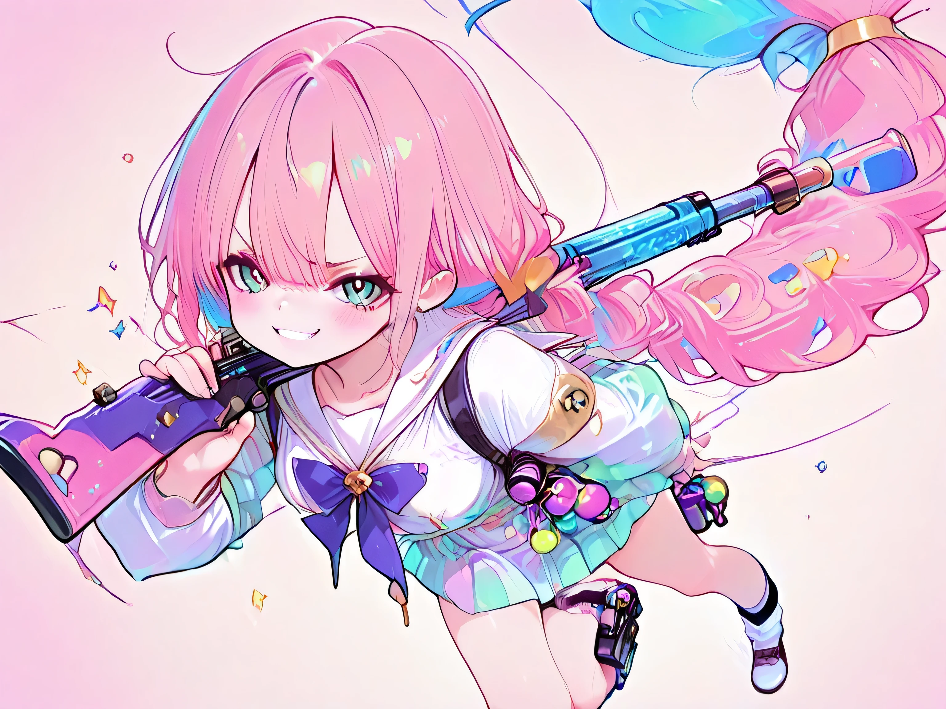 score_9_up, score_8_up、score_7_up、unaestheticXL_cbp62、deep_negative_pony, negativeXL_D, 8K、((傑作:1.3))、(超詳細、RAWカラー写真:1.3)、(最高品質)、信じられないほど不条理な高解像度、非常に美的、不条理、(解剖学的に正確な描写:1.3)、傑作デジタルアート、BREAK 細部への美しいこだわり、((BREAK緻密な目と緻密な顔:1.3))、(磁器のように滑らかな肌, すべすべの肌:1.3)、1girl, alone, クールなアニメキャラクター、 (very embarrassed expression, blushing, scowl, evil grin)、(赤い目:1.3)、(明るい瞳孔:1.5)、medium breast, (プラチナカラーの髪、very long twin-tail hairstyle:1.3)、(Wearing a pastel color high school sailor-uniform:1.3, Holding a pastel-colored rifle, A pastel-colored grenade attached to the holster at the waist:1.5), full body, dynamic angle, (from above:1.5), zoom shot, Hair swaying in the air, amazing effects, (very dynamic poses:1.5), background/(pastel color luxury battle field, Target mark, the word BANG!, mellow, twinkle effect)