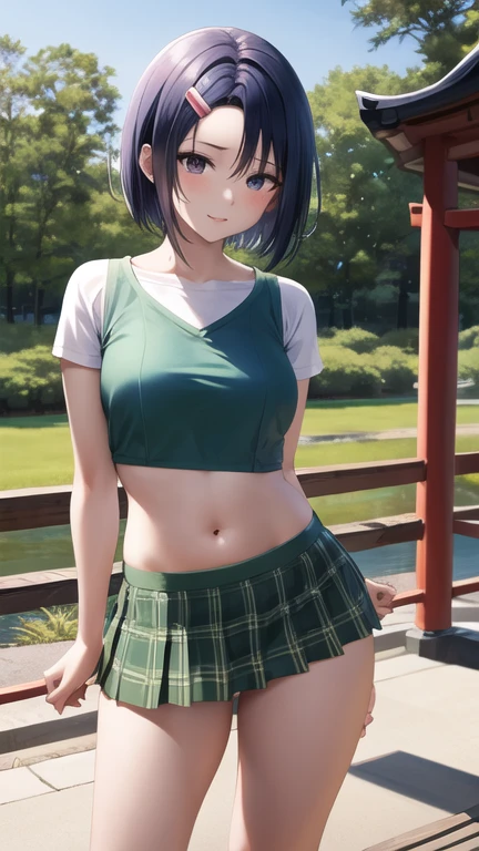 masterpiece, best quality, ultra-detailed, beautiful detailed eyes, extremely detailed eyes and face, 1girl, ShibaMiyuki, hair ornament, black t-shirt, green skirt, pleated skirt, ((medium breasts)), standing, looking at viewer, smiling, seductive smile, forest, day, sky, cloud, cowboy shot, full body,