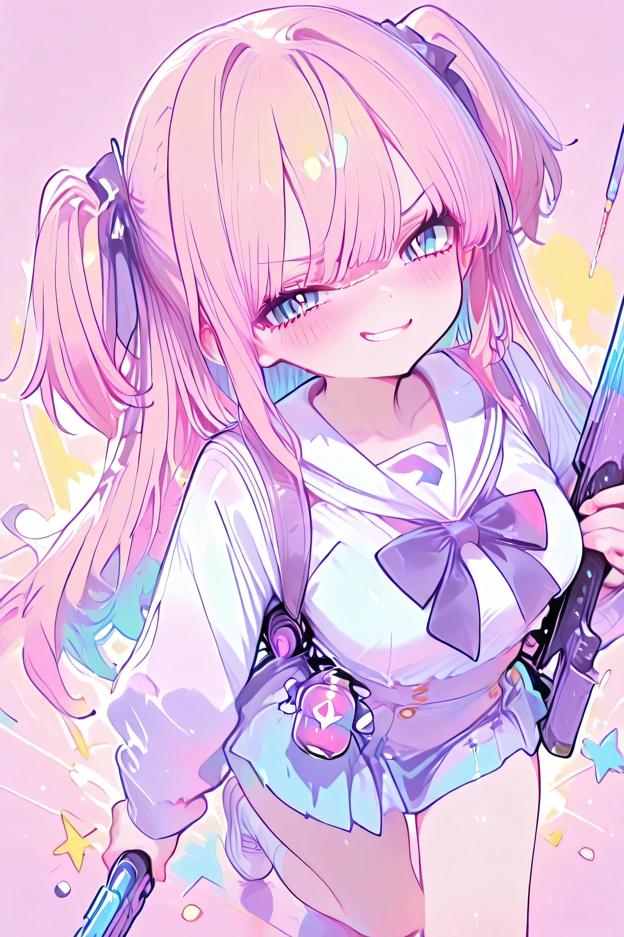 score_9_up, score_8_up、score_7_up、unaestheticXL_cbp62、deep_negative_pony, negativeXL_D, 8K、((傑作:1.3))、(超詳細、RAWカラー写真:1.3)、(最高品質)、信じられないほど不条理な高解像度、非常に美的、不条理、(解剖学的に正確な描写:1.3)、傑作デジタルアート、BREAK 細部への美しいこだわり、((BREAK緻密な目と緻密な顔:1.3))、(磁器のように滑らかな肌, すべすべの肌:1.3)、1girl, alone, クールなアニメキャラクター、 (very embarrassed expression, blushing, scowl, evil grin)、(赤い目:1.3)、(明るい瞳孔:1.5)、medium breast, (プラチナカラーの髪、two side up hairstyle:1.3)、(Wearing a pastel color high school sailor-uniform:1.3, Holding a pastel-colored rifle, A pastel-colored grenade attached to the holster at the waist:1.5), full body, dynamic angle, (from above:1.5), zoom shot, Hair swaying in the air, amazing effects, (very dynamic poses:1.5), background/(pastel color luxury battle field, Target mark, the word BANG!, mellow)