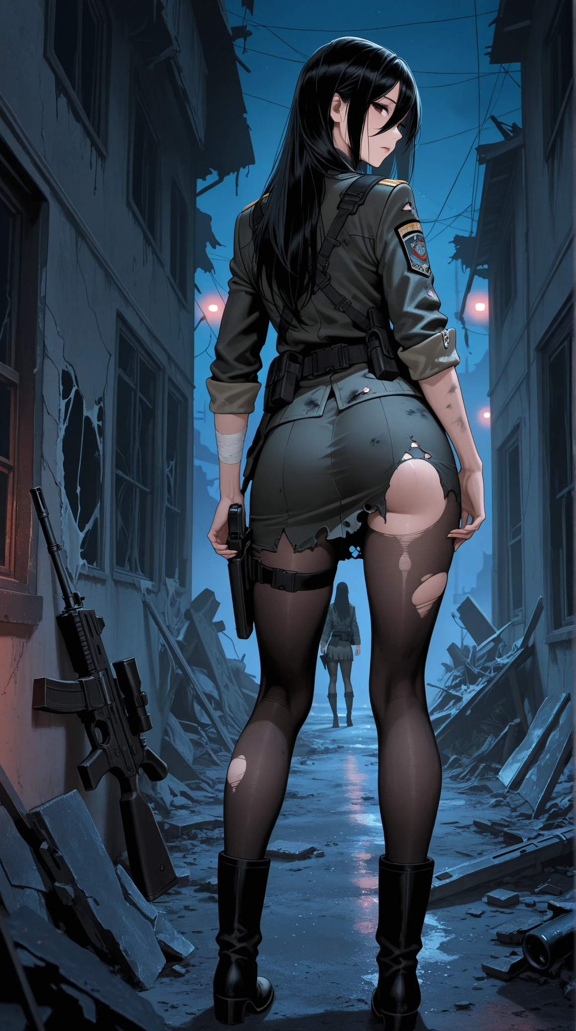 Caucasian woman, blonde hair, wavy hair, long hair, athletic body, (((torn black shorts))), (((torn black jacket))), full body, walking through stone hallways, inside stone dungeon, wound in the right leg, barefoot, inside the dungeon, on her back, (((at night))), (((shot from behind))).