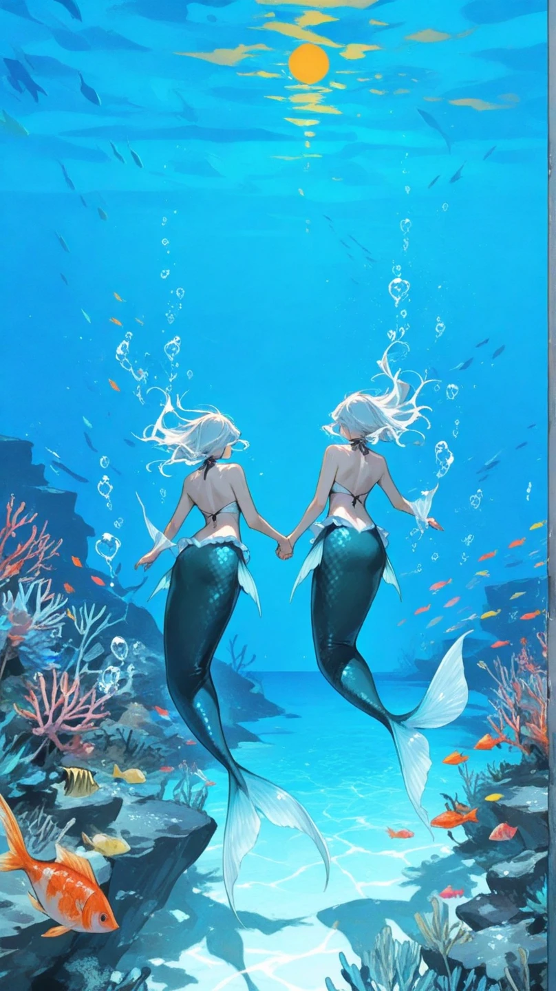 Drawn as a raw graphic，mermaids
