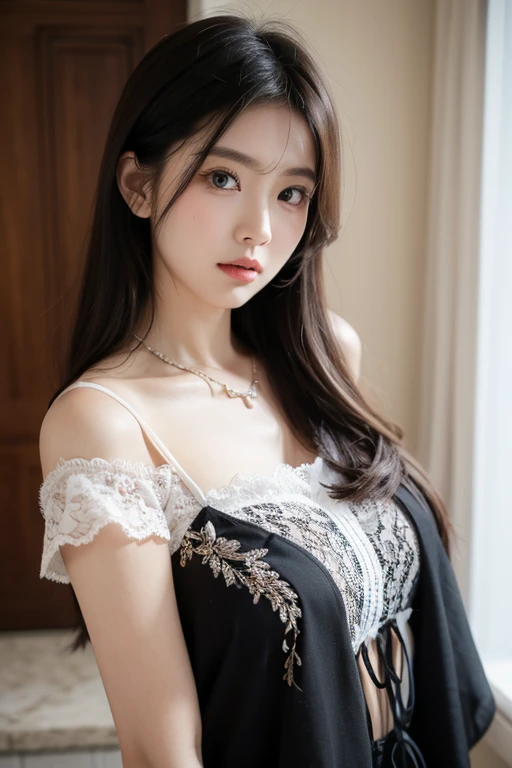 Young woman, (((long hair))), ((Kneel on all fours)), seen from the side, ((bridal dress, thin, open shoulder, Transparent openwork lace pattern fabric, skin to skin)), ((Huge breasts, Big breast augmentation, ร่างกายท่ผอมthin, small waist, Beautiful butt, Long, slender thighs)), ((bridal veil, short skirt, Not wearing underwear)), ((beautiful eyes, soft smile, Beautiful makeup, bright red lips)), bedroom,