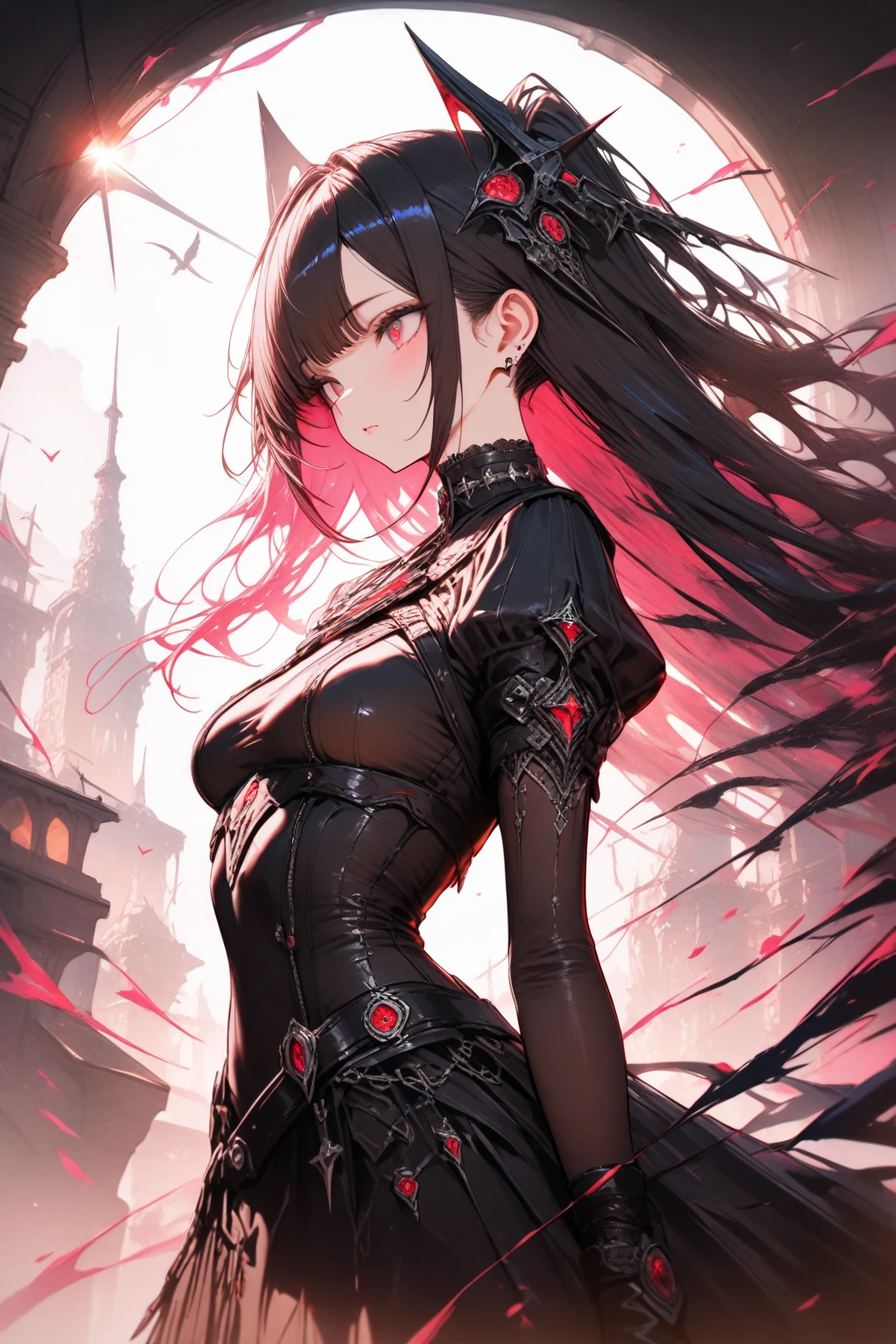 Raw photo, masterpiece, best quality, ultra-detailed, high resolution, extremely detailed CG, unity 8k wallpaper, official art, production art, novel illustration, caustics, textile shading, super detailed skin, perfect anatomy, detailed, cinematic lighting, dynamic lighting, 4k image, anime style, beautiful young girl, casual backless oversized cable knitted sweater, thigh-high heeled boots, sharp facial features, lightly tanned white skin, oval shaped face, arrogant and disdainful expression, cherry pink lips. big dark and mesmerizing velvet colored eyes, sleek dark violet-black hair, 18 year old, solo girl, C-cup breasts, beautiful distinct image, hourglass figure, tall height(180cm). slim curves, narrow waist, perky round ass, casual forestry and nature modern setting
