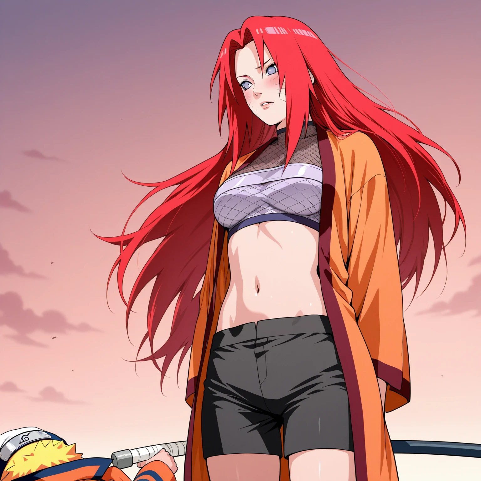 (high quality,Very detailed:1.37, High resolution), Woman, Erza, animerza, red hair, navel, flame pants, collarbone, bare shoulders, cleavage, hair over one eye, large breasts, long hair, bandages, chest sarashi, white ribbon, beach, full body, looking at viewer, brown eyes, ponytail, masterpiece, best quality, (wetting herself:2.0), embarrassed, humiliation, sweating, blushing, standing