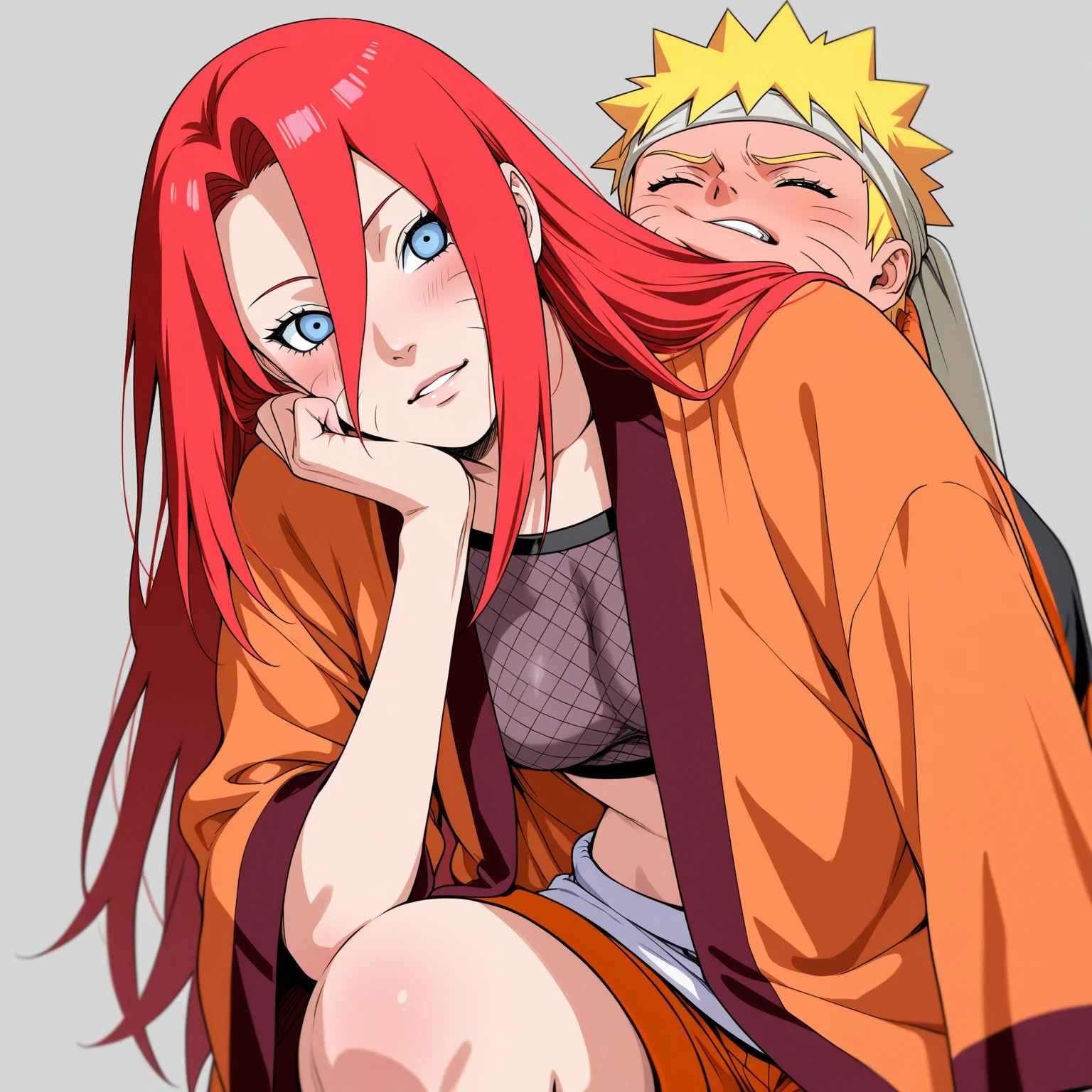 (Absurd, high quality, ultra -compared, careful with the hand) 1 woman, large breats, long red hair, gaara daughter ( Gaara/Naruto), Subaku no Gaara, sand gourd on the back, titting on the ground