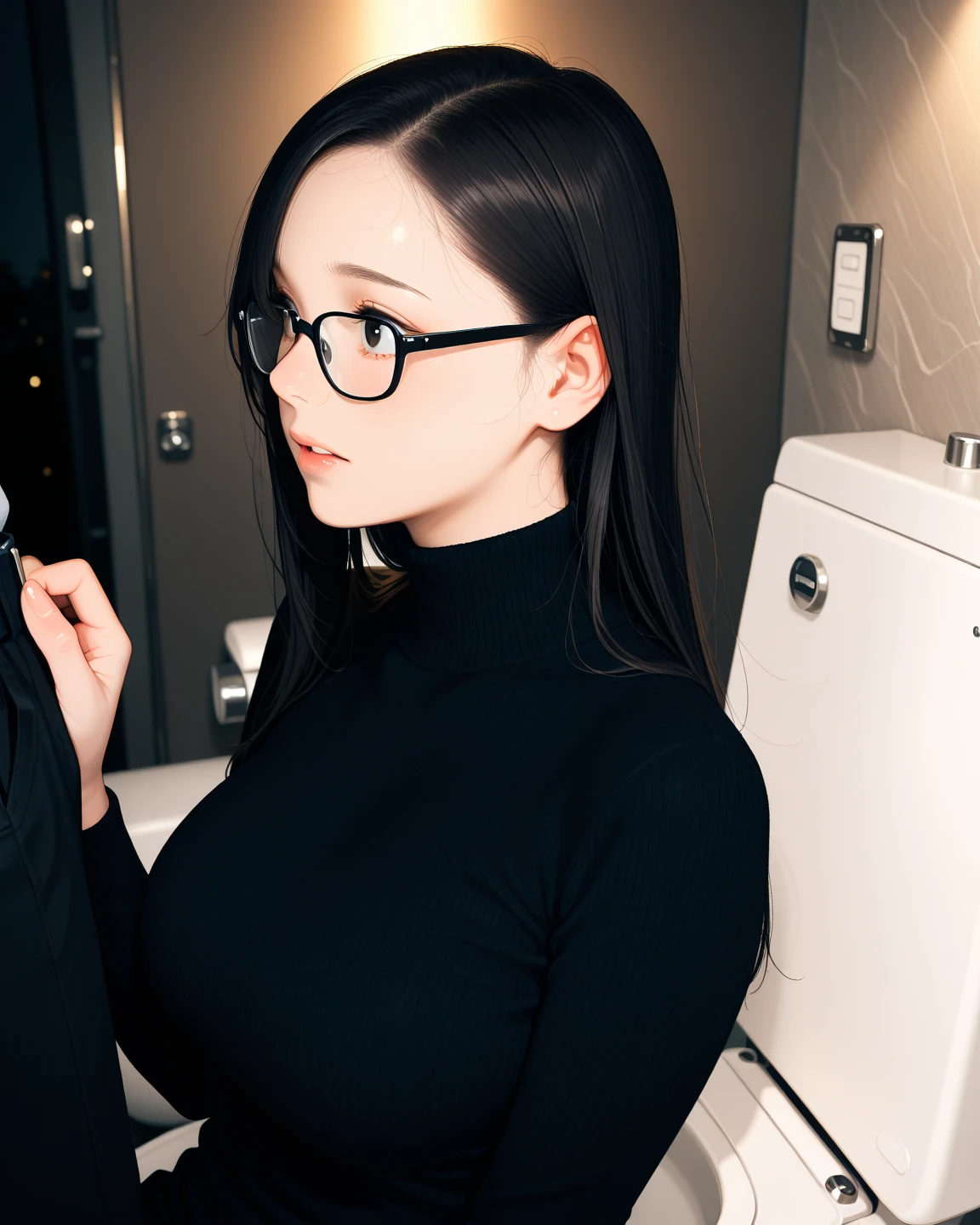 masterpiece, best quality, ultra detailed, highres, 8K, beautiful, face focus, upper body, cinematic lighting, night, darkness, faint light, ambient lighting, from side, 1girl, 30 years old, wife, black hair, long hair, forehead, side-swept bangs, large breasts, black turtleneck, ((black rimmed glasses)), wedding ring, sitting on sofa, scared, hand_in_pants, toilet, indoor,